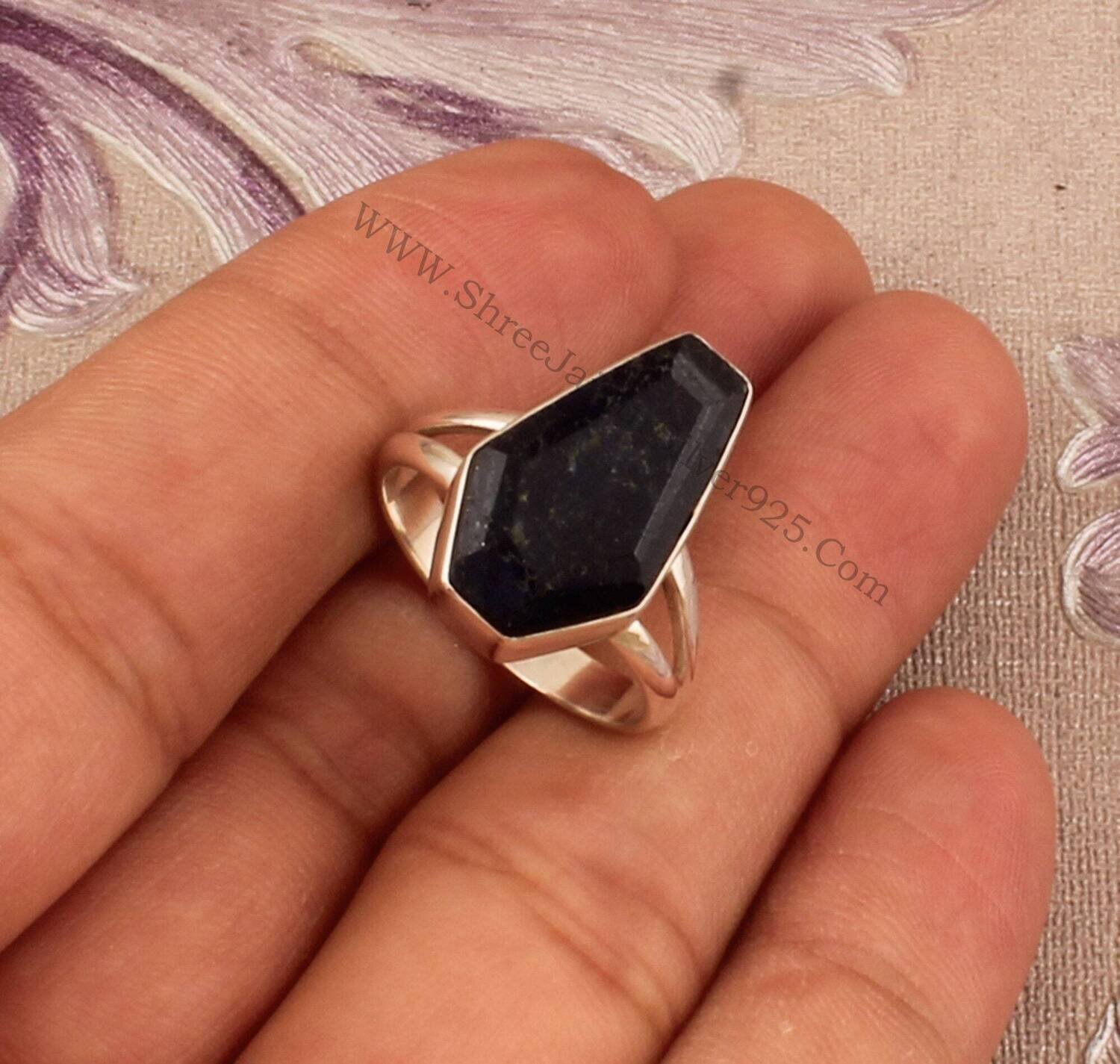 Blue Jade Coffin Solid 925 Sterling Silver Ring For Women, Handmade Coffin Stone Designer Band Ring For Wedding Anniversary Gift For Her