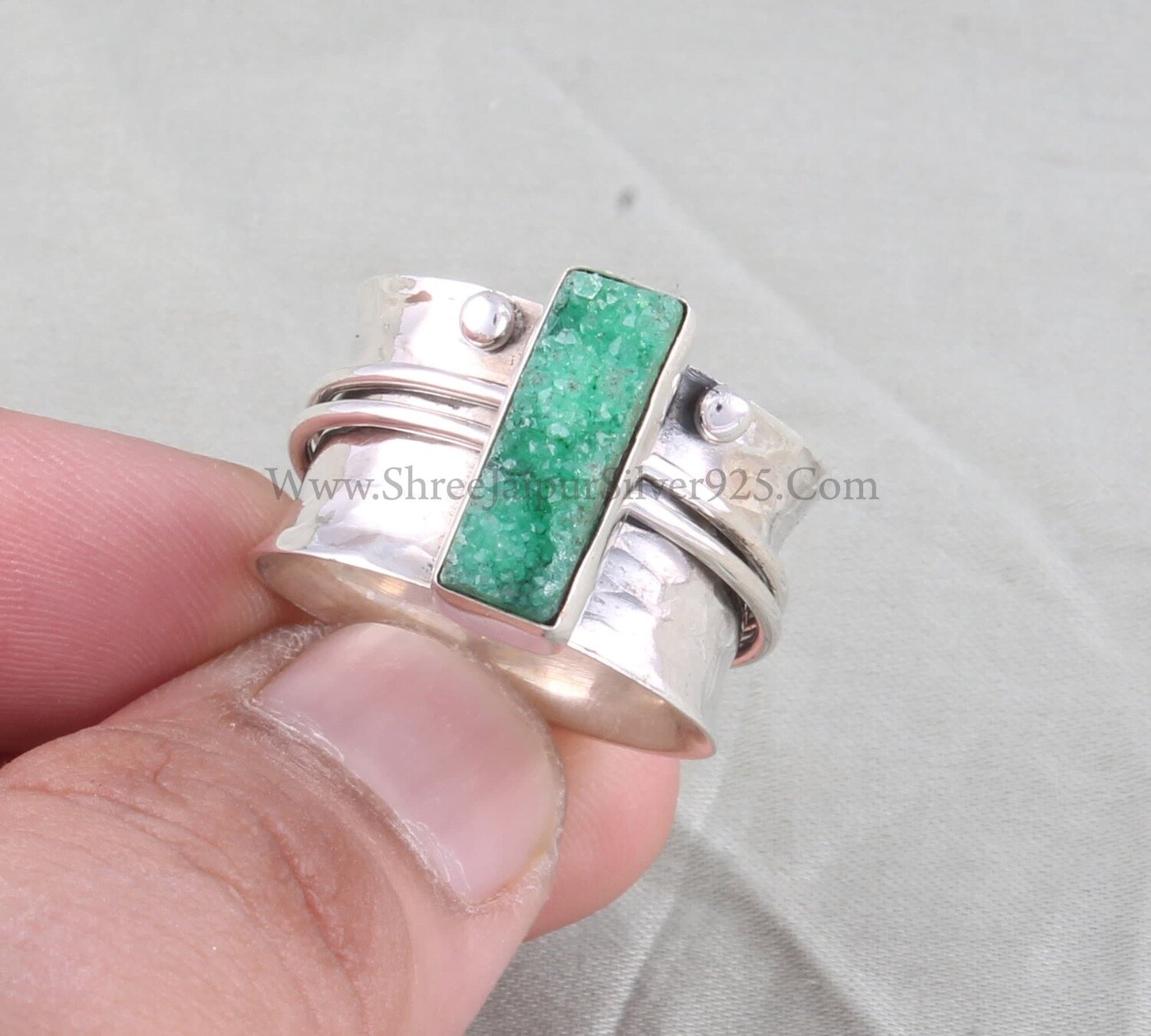 Green Druzy Solid 925 Sterling Silver Spinner Ring For Women, Handmade Silver Druzy Gemstone Band Ring For Wedding Anniversary Gift For Her
