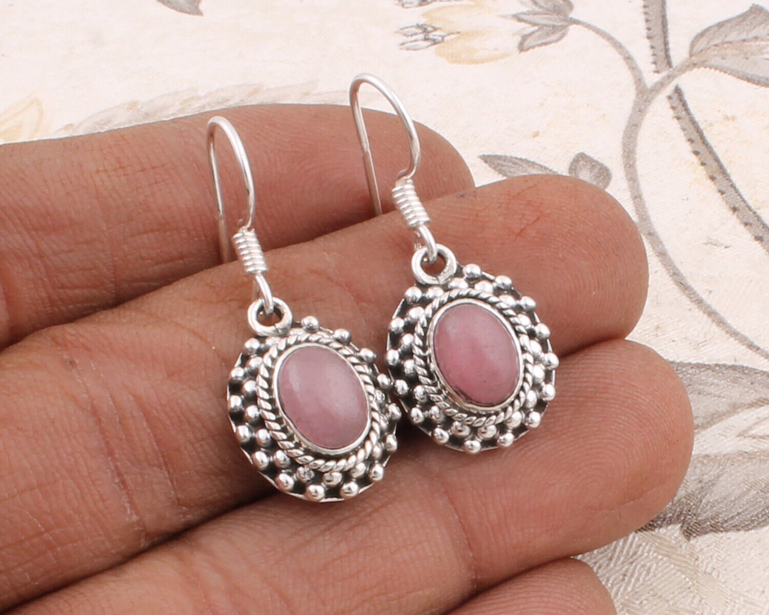 925 Sterling Silver Pink jade Gemstone Dangle Pink Jade Earrings, Handmade Silver Wedding Jewelry For Women GiftBirthstone