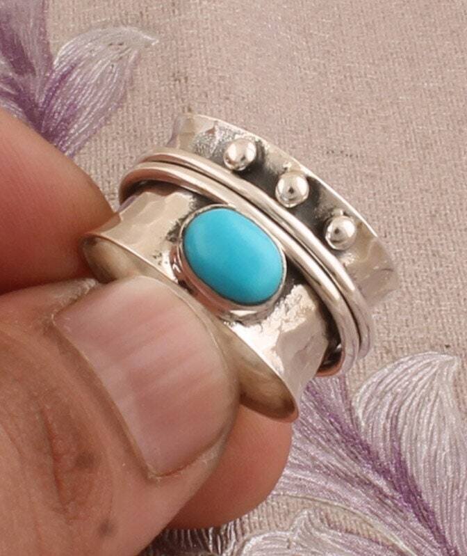 Sleeping Beauty Turquoise Gemstone Ring,Silver Band Ring,925-Sterling Silver Ring,Spinner Ring,Antique Silver Ring,Gift Item Ring,Thumb Ring