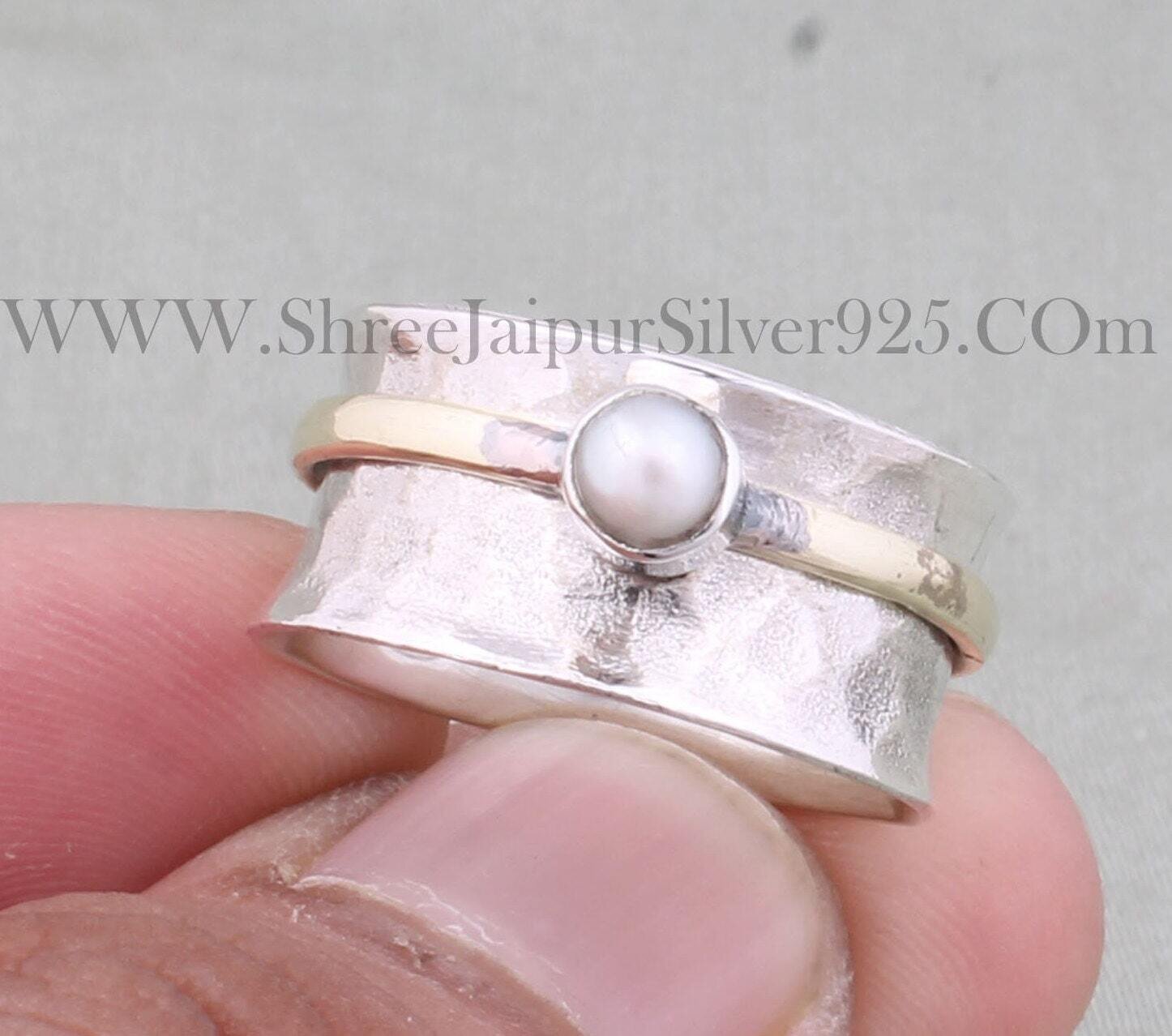 925 Sterling Silver Round Pearl Spinner Ring, Handmade Silver Meditation Ring, Boho Worry Ring, Valentine's Day Bridal Gift, Etsy Cyber 2021