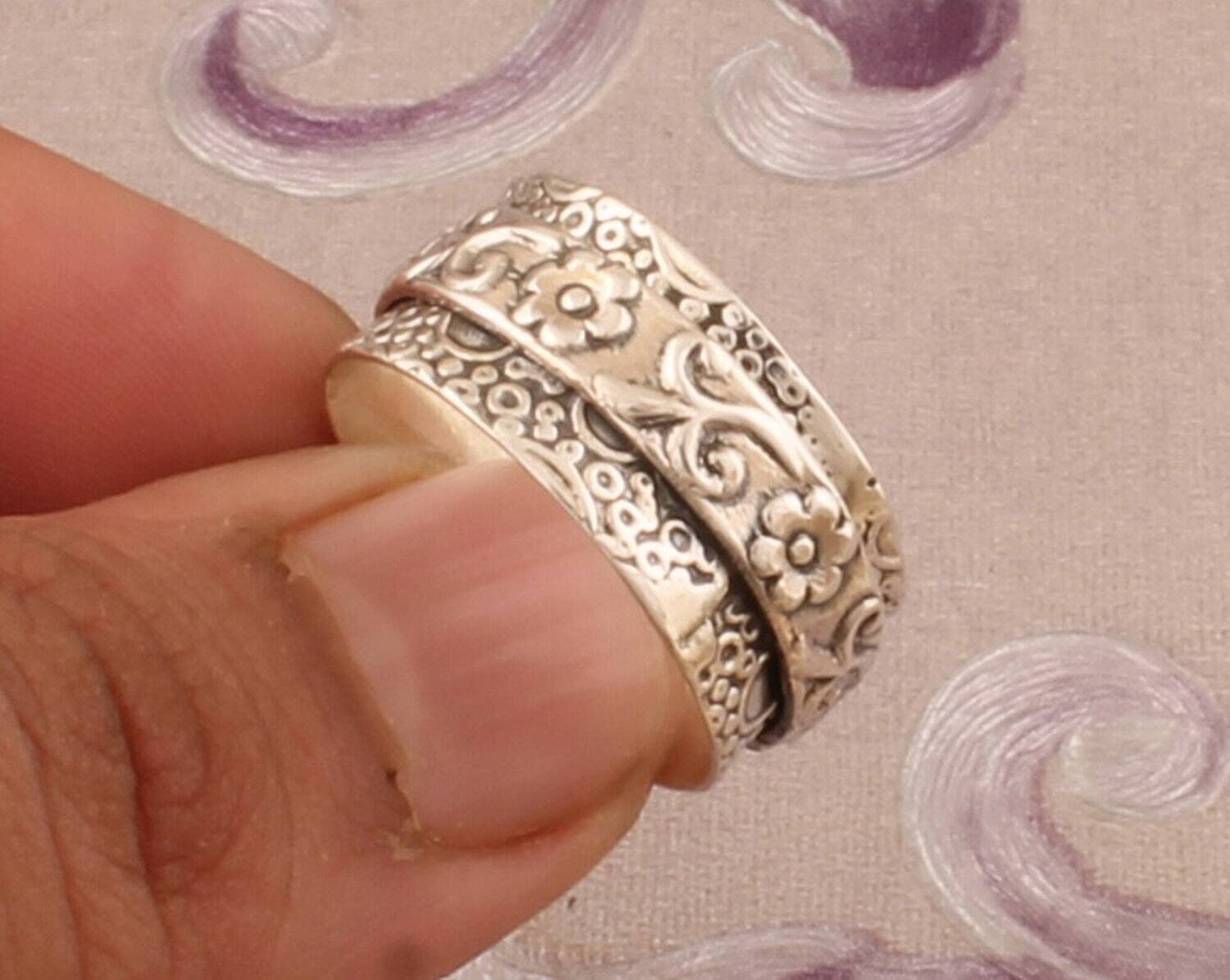 925 Sterling Silver Designer Carved Spinner Ring, Handmade Silver Meditation Ring, Boho Worry Ring, Anxiety Ring, Fidget Ring, Gift For Her