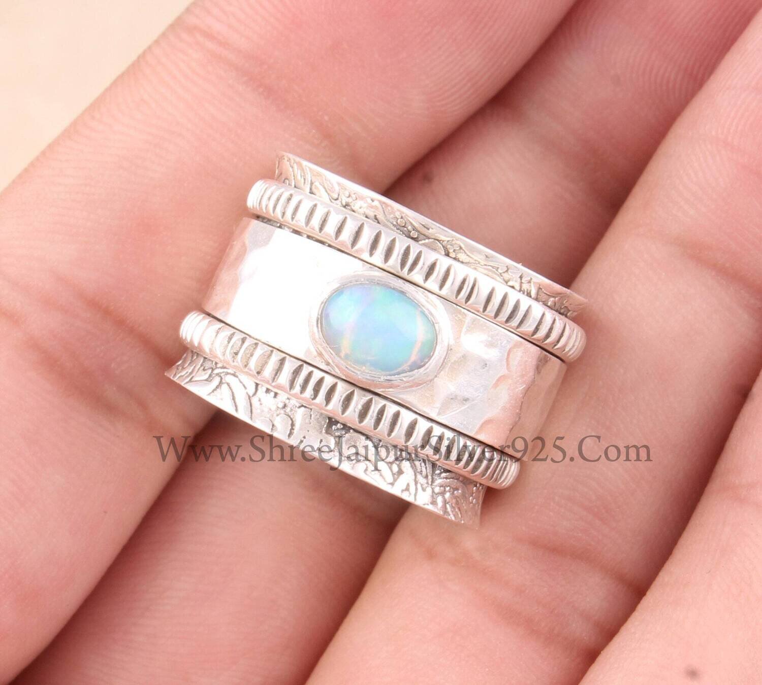 Natural Ethiopian Opal Band Solid 925 Sterling Silver Spinner Ring For Women, Handmade Hammered Band Anxiety Fidget Ring Anniversary Gifts