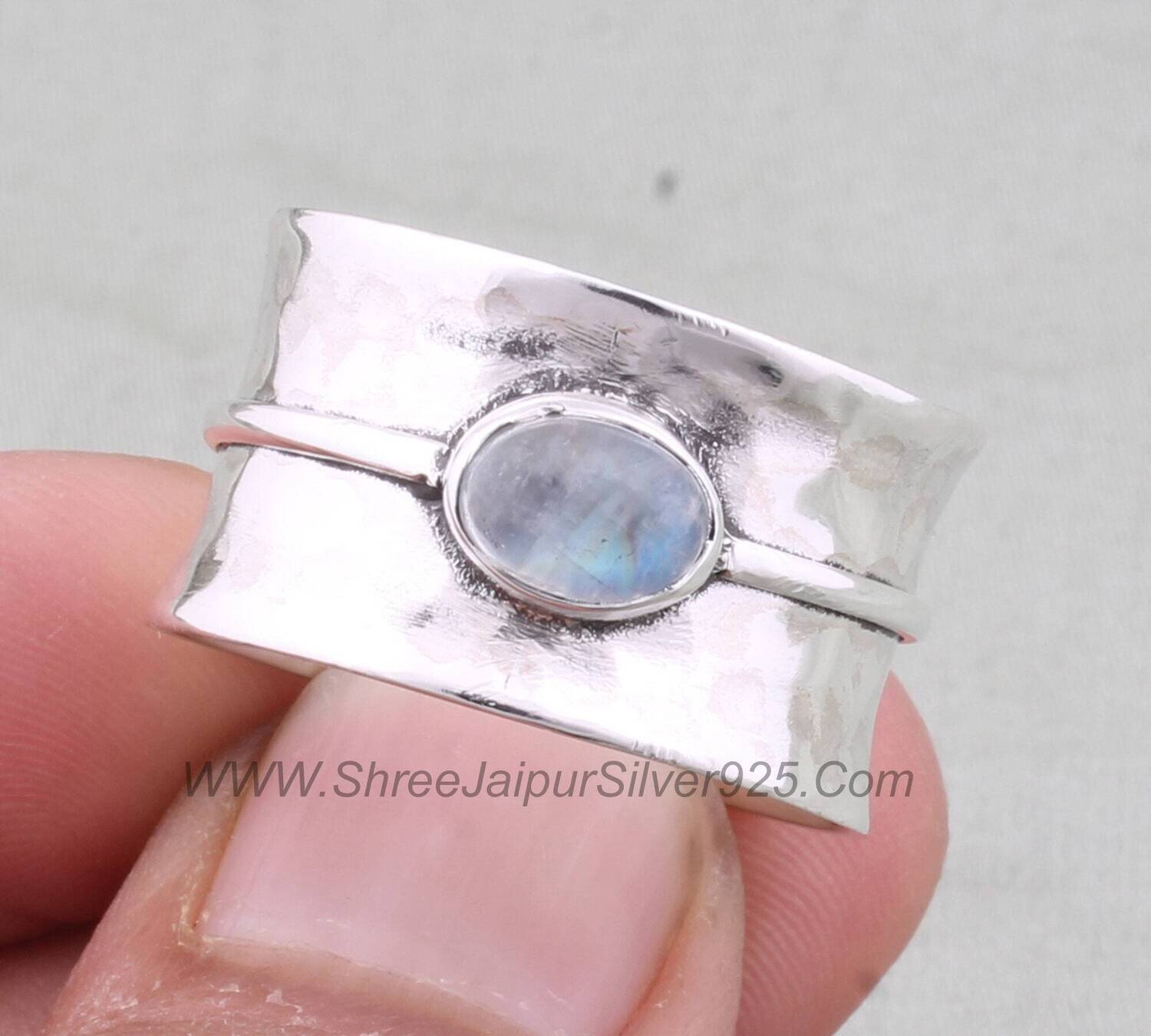 Natural Rainbow Moonstone Solid 925 Sterling Silver Ring For Women, Handmade Silver Hammered Fancy Wide Band Ring For Wedding Anniversary