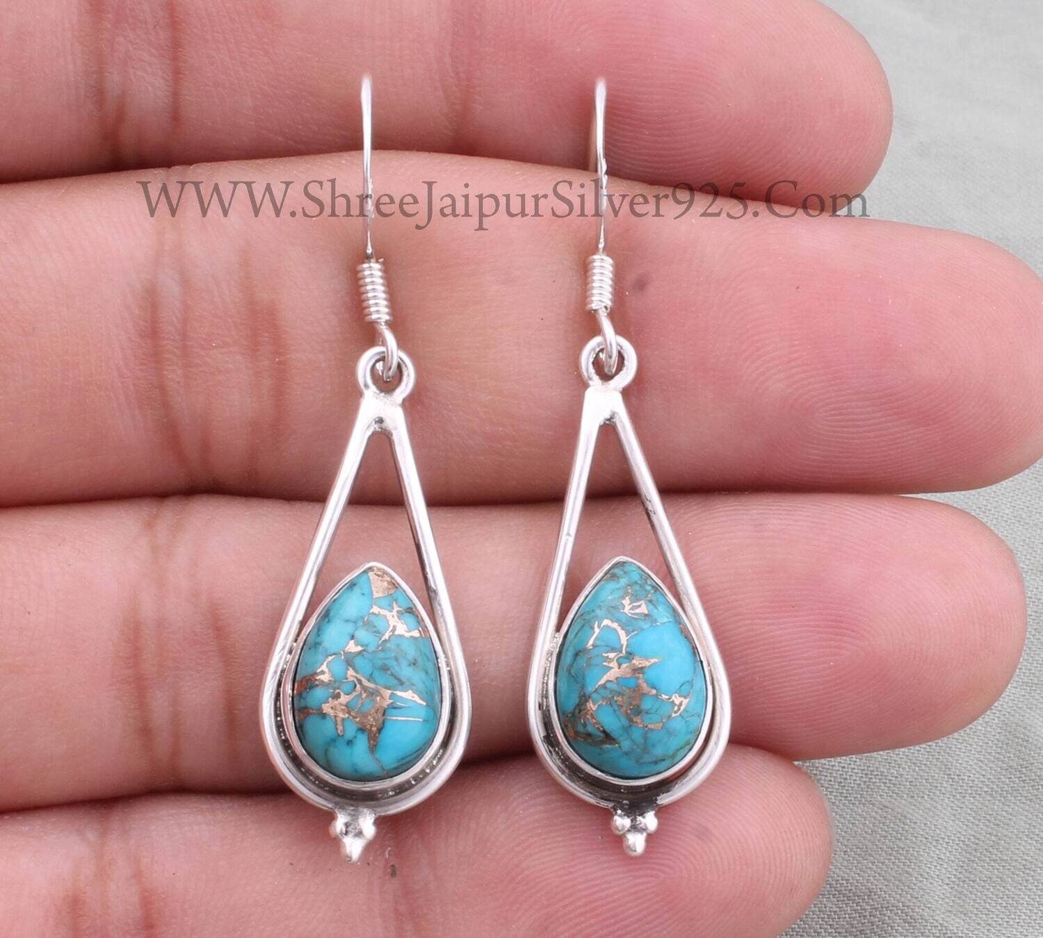 Blue Copper Turquoise Pear Stone Solid 925 Sterling Silver Earrings For Women, Handmade Silver Earrings For Wedding Anniversary Gift Idea