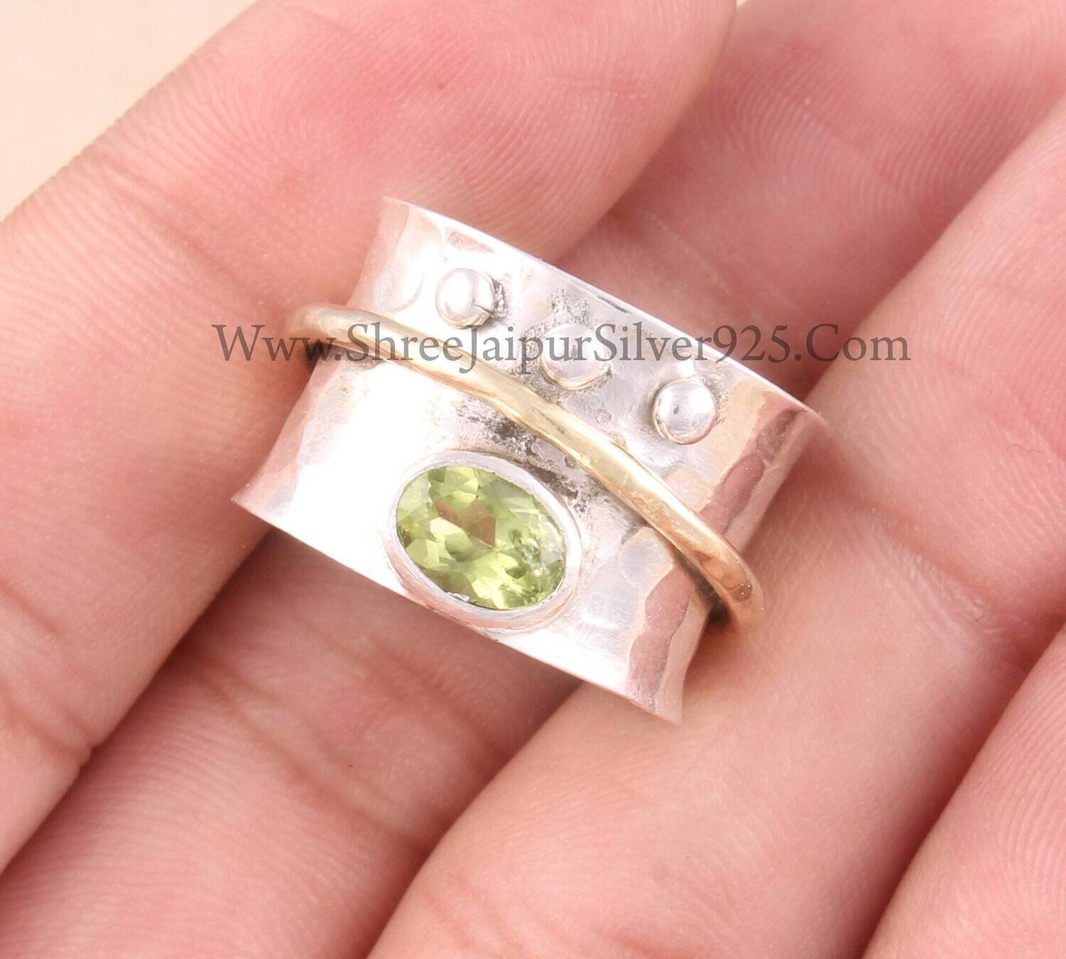 Natural Peridot Oval Cut Solid 925 Sterling Silver Spinner Ring For Women, Handmade Hammered Band Two Tone Anxiety Fidget Ring Gifts For Her