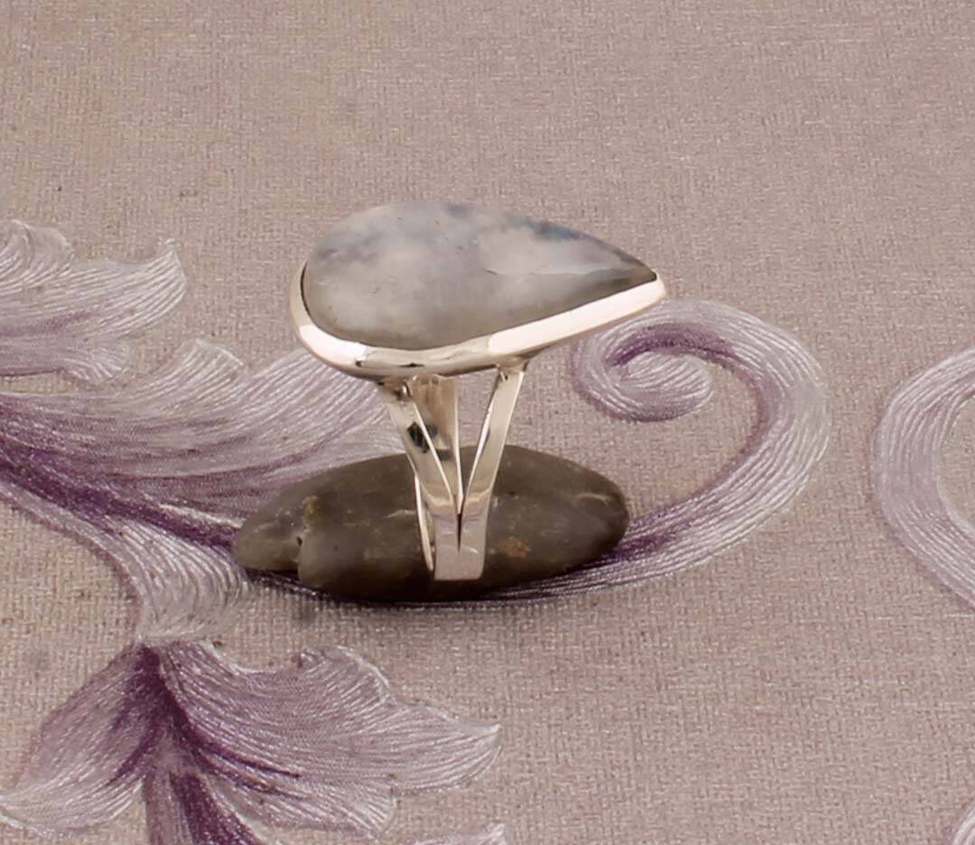 Real Rainbow Moonstone Top Quality Gemstone Ring Pear Cabochon Fire Stone Ring 925-Antique Silver Ring Middle Finger Ring Gift For Her