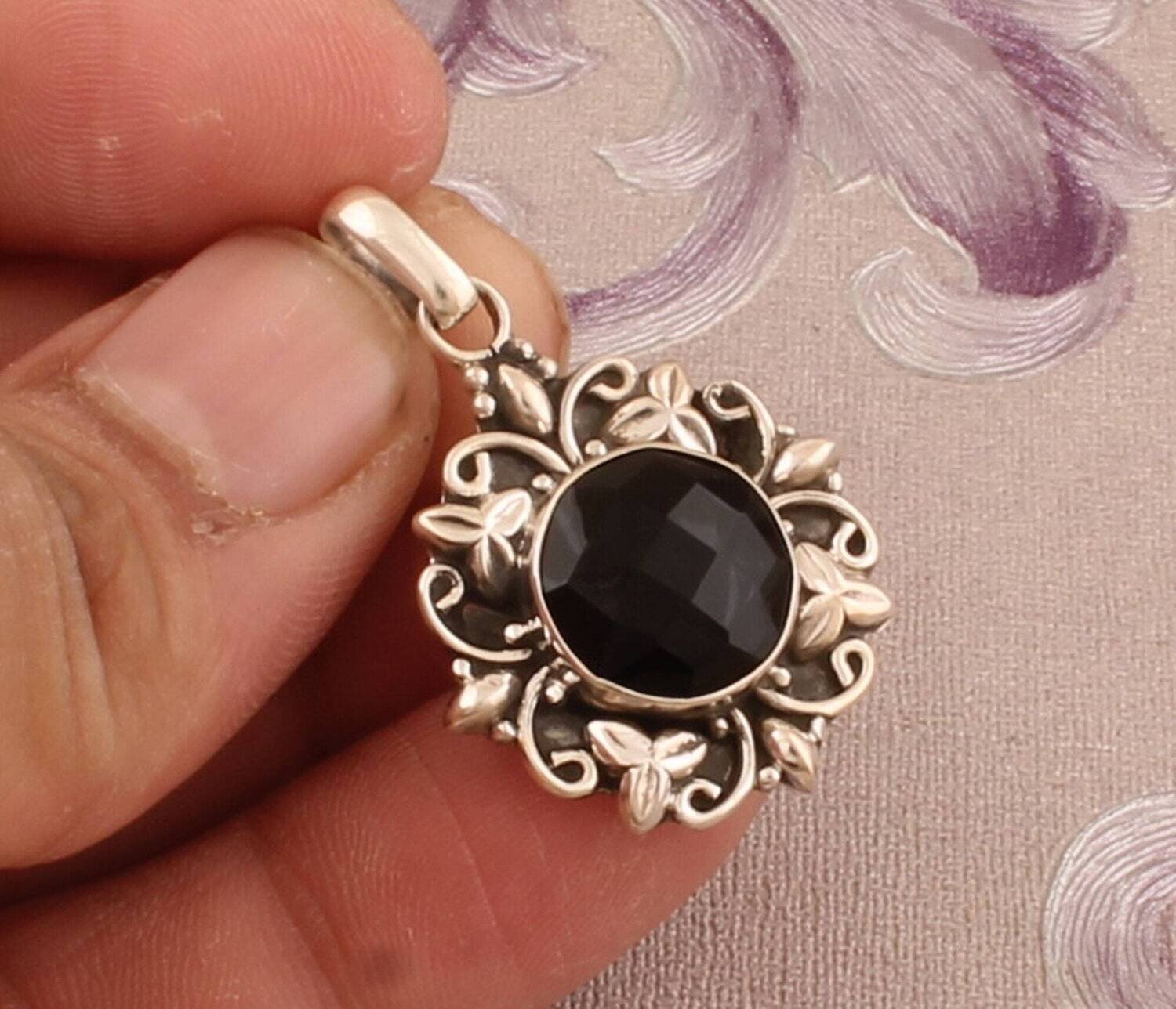 925 Sterling Silver Black Onyx Necklace Pendant, Boho Onyx Round Gemstone Flower Silver Pendant, Valentine's Day Jewelry, ECWID Cyber 2022