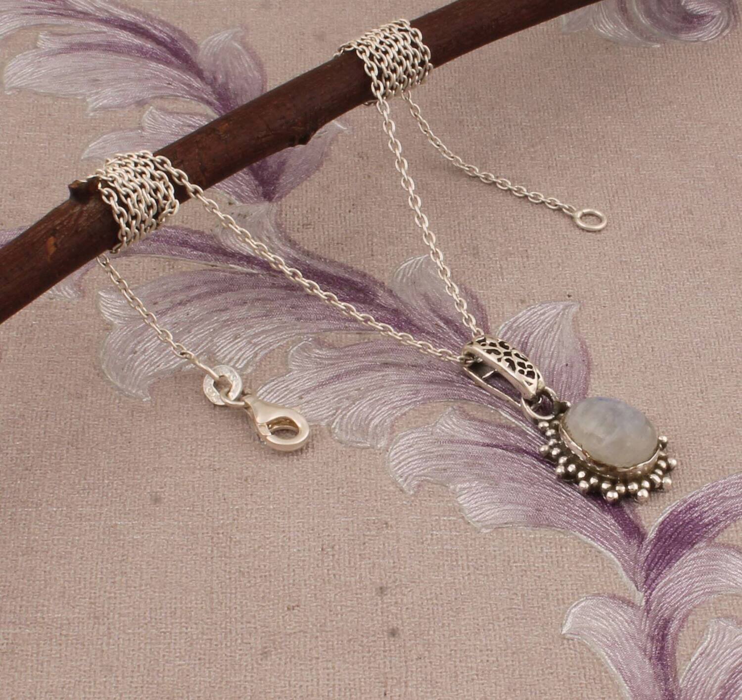 Natural Rainbow Moonstone Gemstone Necklace-Oval Cabochon Necklace,June Birth Stone Necklace 925-Antique Silver Pendant Gift For Her !!!