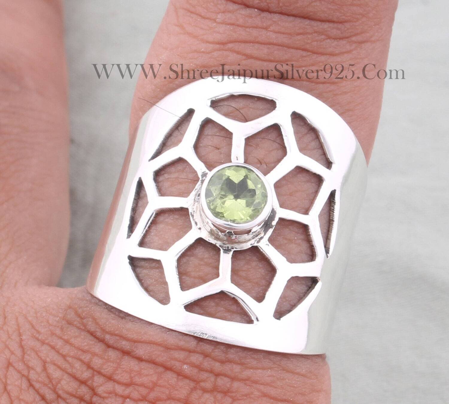 Natural Peridot Round Cut Gemstone Solid 925 Sterling Silver Ring For Women, Handmade Filigree Silver Ring Flower Ring Silver Chakra Ring