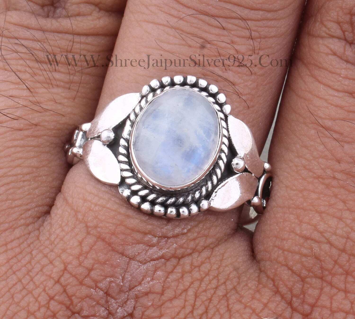 Blue Flashy Rainbow Moonstone Ring 925 Sterling Silver Ring Moonstone Oval Ring Gemstone Ring Handmade Ring Twisted Silver Wire Ring Gift