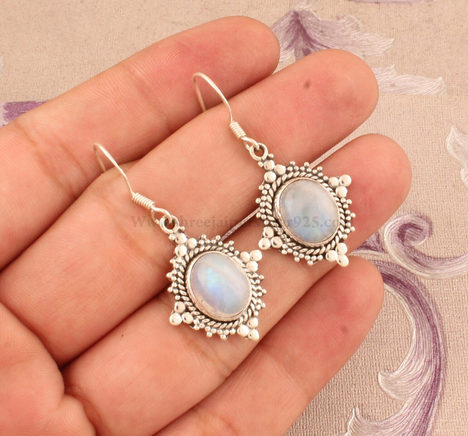 Natural Rainbow Moonstone Solid 925 Sterling Silver Earrings For Women Handmade Oval Stone Indian Earrings For Wedding Anniversary Gift Idea