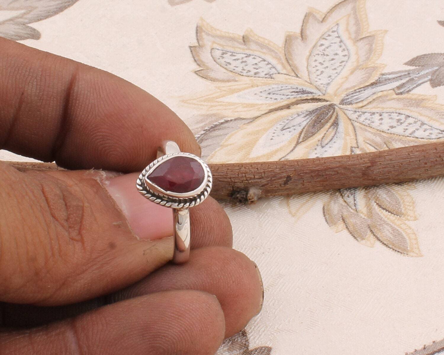 Gift For You ! 925-Sterling Solid Silver Ring With Natural Red Garnet Gemstone Ring Cut &amp; Faceted Stone Boho Ring Middle Finger Ring