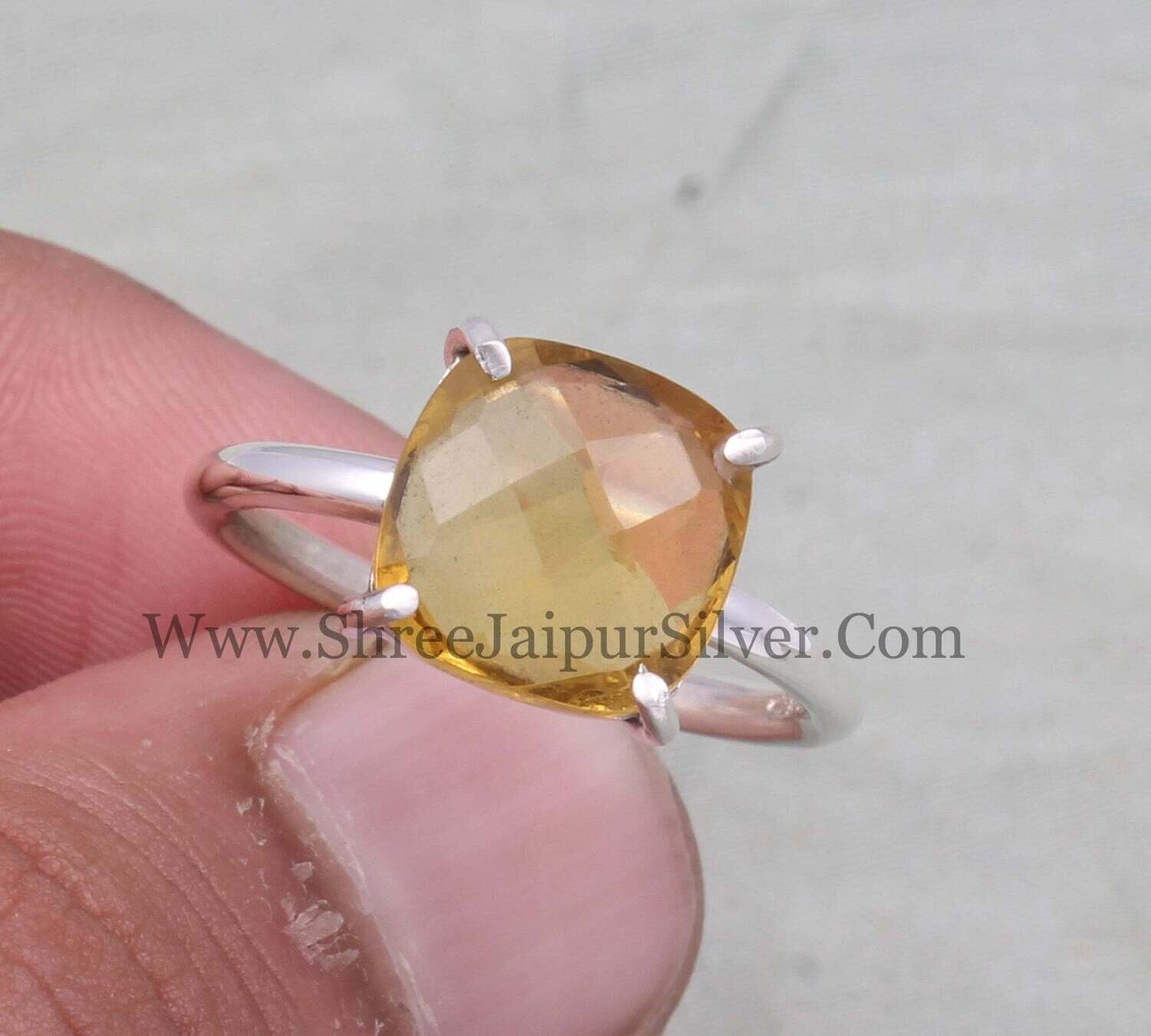 Citrine Quartz Prong Set Solid 925 Sterling Silver Ring For Women, Handmade Faceted Cushion Gemstone Ring For Wedding Anniversary Gifts Idea
