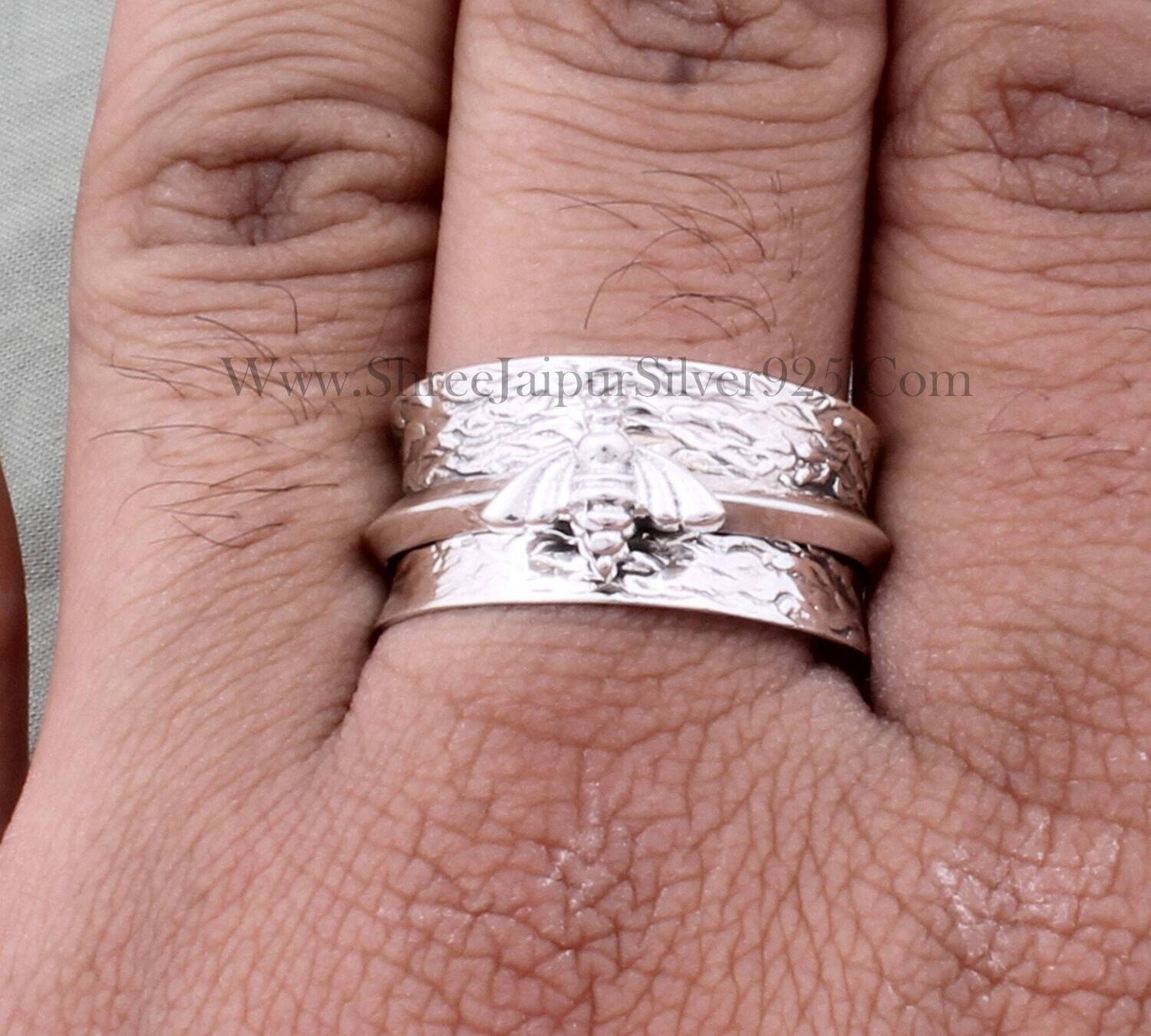 Honey Bee Silver Spinner Ring 925 Sterling Silver Ring Textured Silver Band RingBirthstone