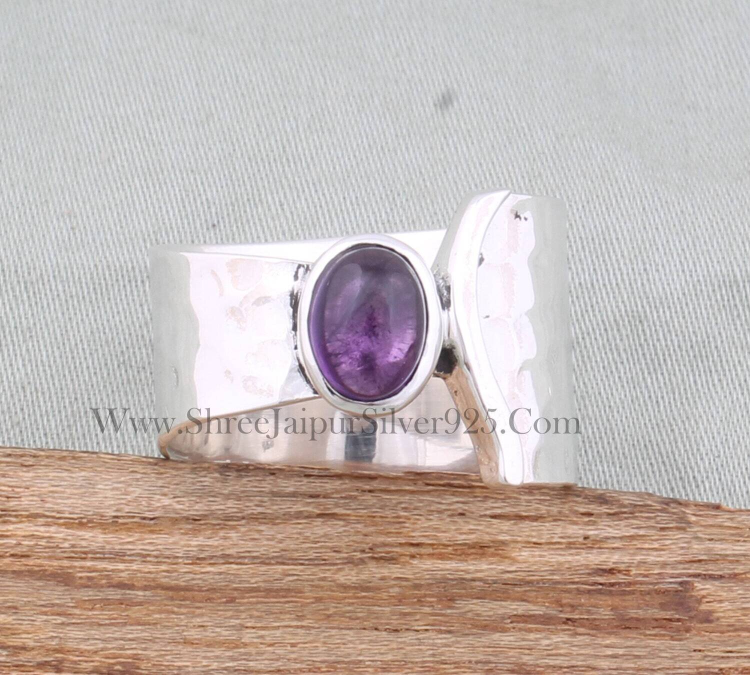Amethyst Oval Solid 925 Sterling Silver Ring For Women, Handmade Silver Hammered Designer Band Ring For Wedding Anniversary GiftBirthstone