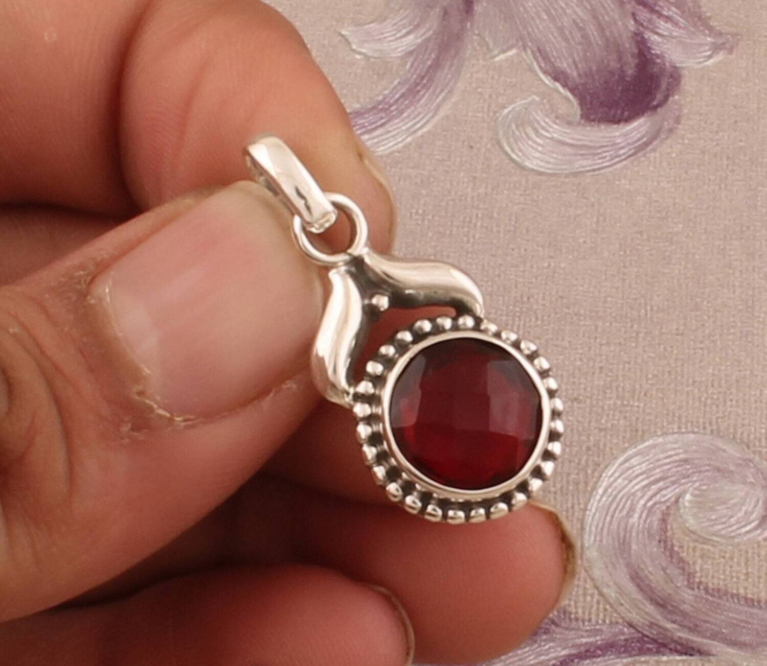 925 Sterling Silver Red Garnet Quartz Necklace Pendant, Boho Quartz Round Gemstone Silver Pendant, Valentine's Day Gift, Etsy Cyber 2021