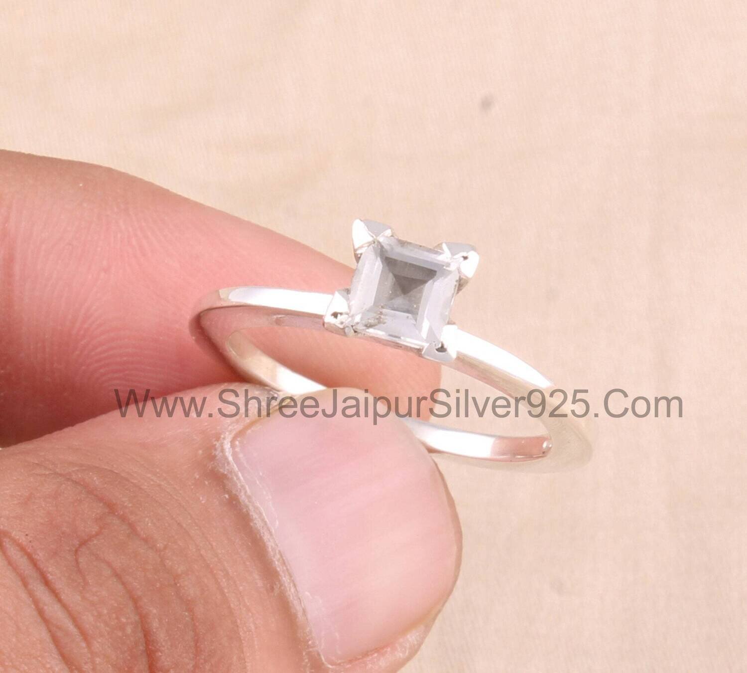 Crystal Quartz Square Cut Prong Set Stone Solid 925 Sterling Silver Ring For Women Handmade Prong Set Ring For Wedding Anniversary Gift Idea