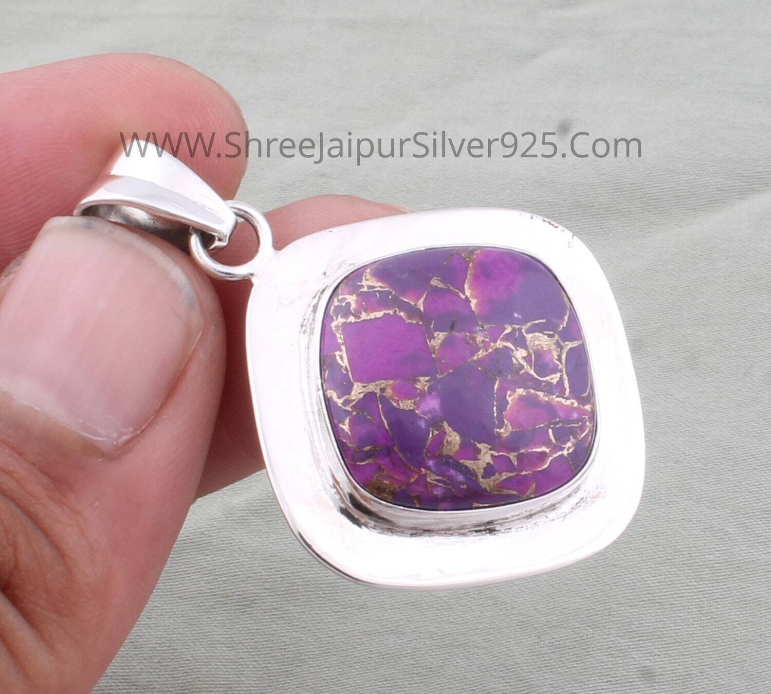 Purple Copper Turquoise Pendant, 925 Sterling Silver Pendant, Purple Gemstone Pendant, Turquoise Cushion Pendant, Handmade Pendant Gift Idea