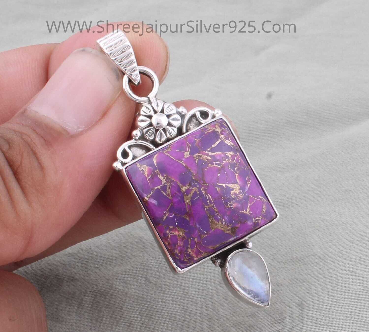 Purple Copper Turquoise &amp; Rainbow Moonstone Silver Pendant, 925 Sterling Silver Flower Handmade Pendant Necklace Women Wedding Jewelry Gift