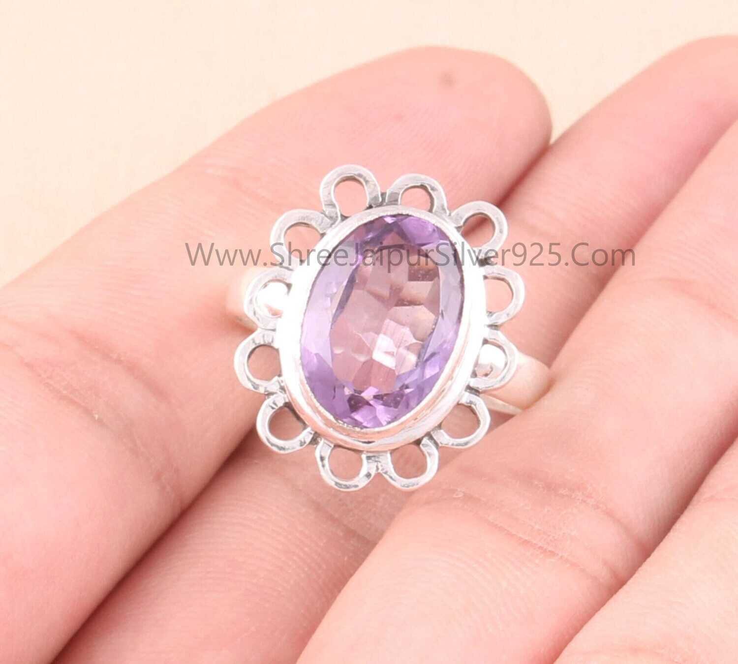 Amethyst Oval Cut Stone Solid 925 Sterling Silver Ring Handmade Silver Floral Designer Ring For Wedding Anniversary Gifts BirthdayBirthstone