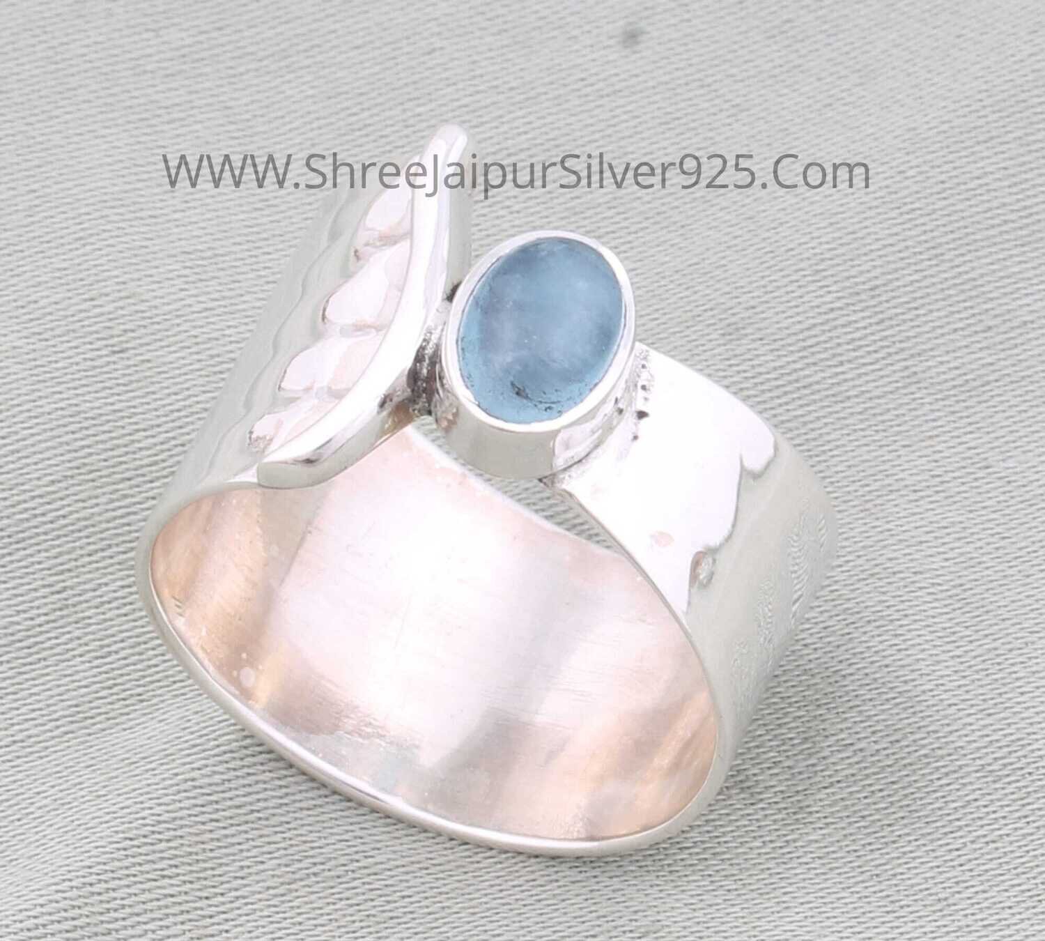 Natural Aquamarine Oval Solid 925 Sterling Silver Ring For Women, Handmade Silver Hammered Designer Band Ring For Wedding Anniversary Gift