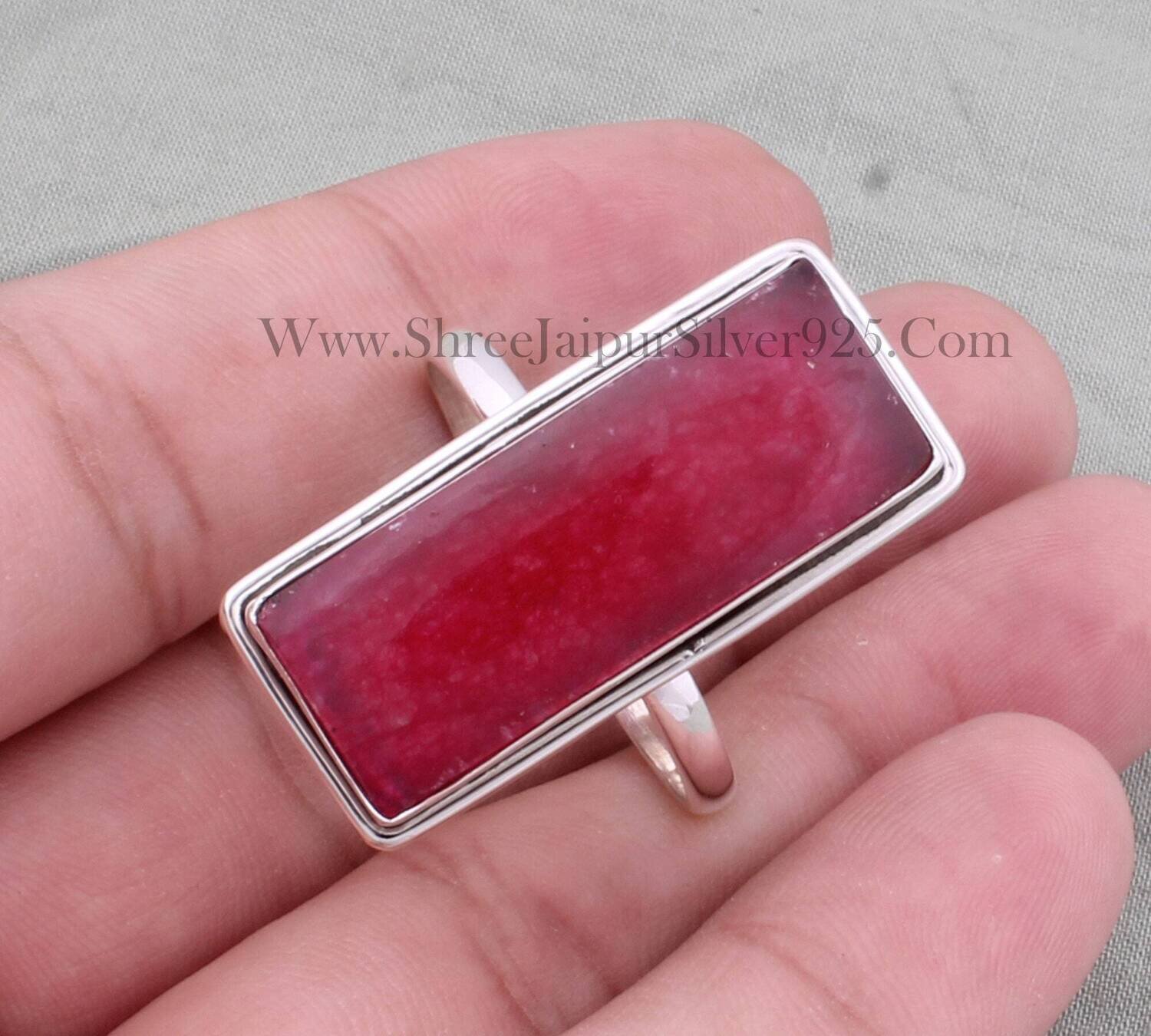Red Jade Ring, 925 Sterling Silver Ring, Bar Jade Ring, Rectangle Shape Ring, Designer Handmade Jade Ring, Engagement Ring, Gift For Her