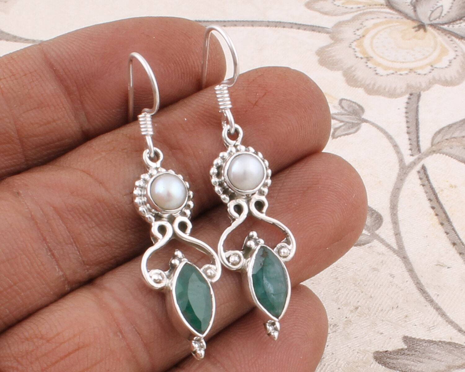 GREEN EMERALD CORUNDUM Earrings Pearl Dangle Drop Earrings Pearl Earrings Wedding Bridal Earrings Bridesmaid Gift Pearl JewelryCyber2021
