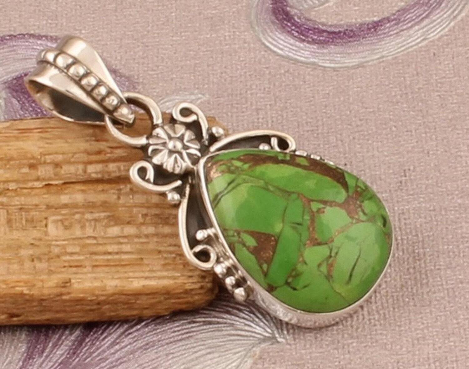 Red Copper Turquoise Pendant, 925 Sterling Silver Pendant, Designer Flower Pendant, Pear Gemstone Pendant, Handmade Pendant, Christmas Gift