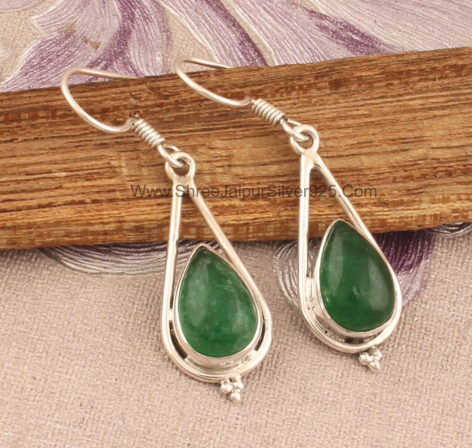 Green Jade Pear Stone Solid 925 Sterling Silver Earrings For Women, Handmade Designer Silver Earrings For Wedding Anniversary Gift For Her