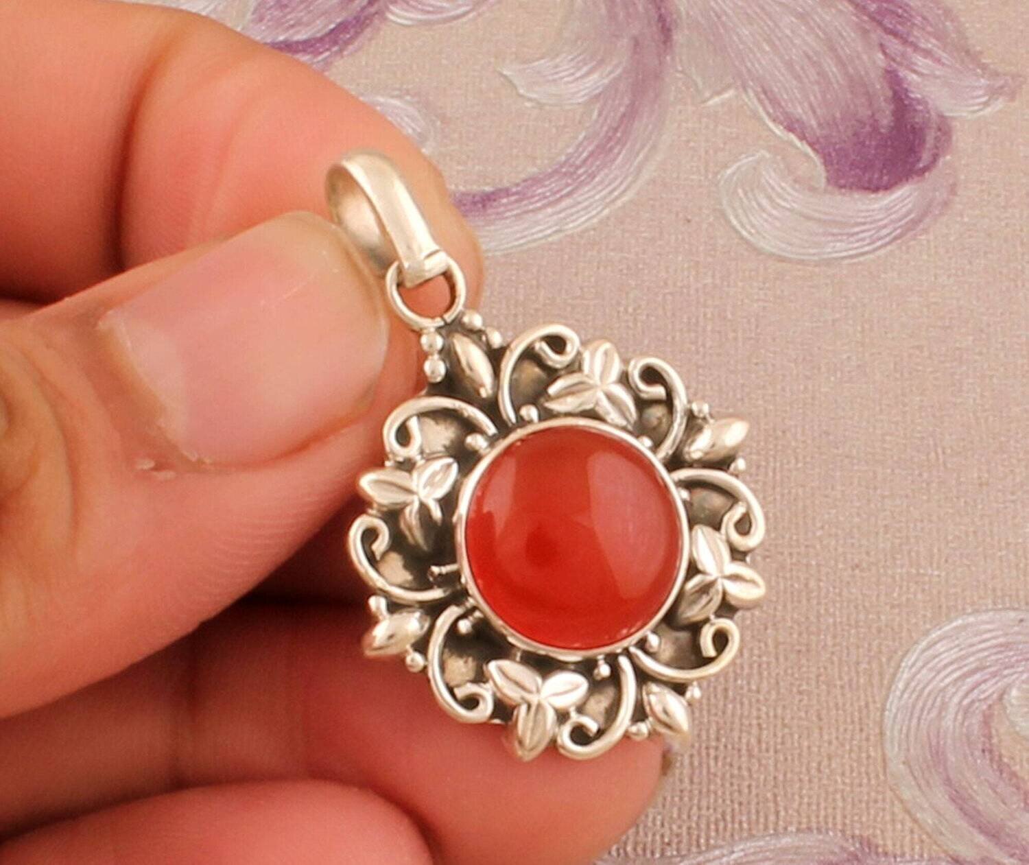 925 Sterling Silver Red Onyx Necklace Pendant, Boho Onyx Round Gemstone Flower Silver Pendant, Valentine's Day Jewelry Gift, Etsy Cyber 2021