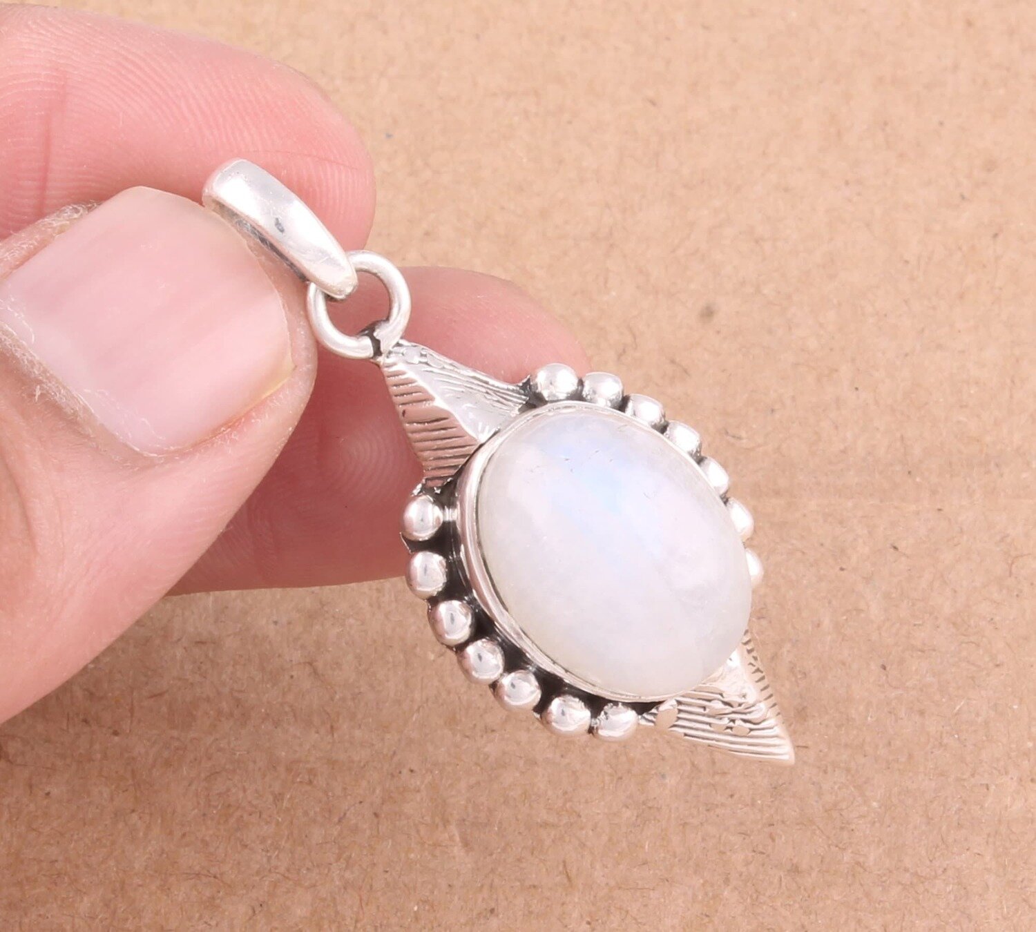Natural Rainbow Moonstone Solid 925 Sterling Silver Necklace Pendant For Women, Handmade Engraved Silver Pendant For Her Wedding Anniversary