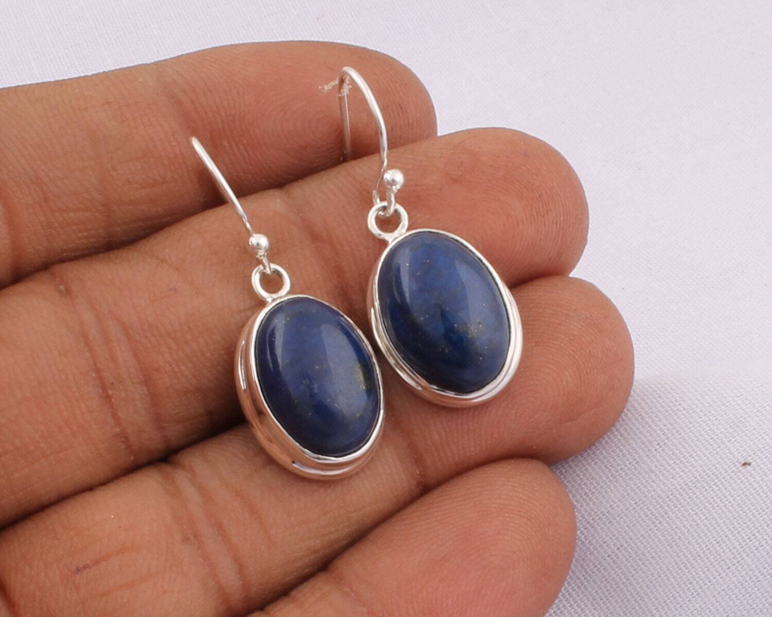 Natural Lapis Lazuli Earrings, Solid 925 Sterling Silver Earrings, Handmade Oval Earrings, Blue Lapis Stone Earrings, Women Wedding Earrings
