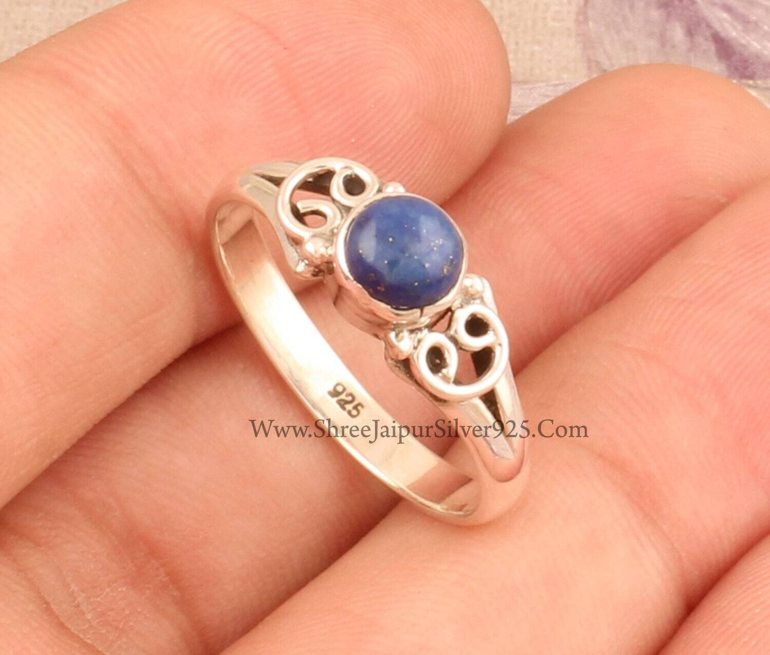 Round Lapis Lazuli Solid 925 Sterling Silver Ring For Women, Handmade Round Stone Dainty Vintage Design Ring For Wedding Anniversary Gift