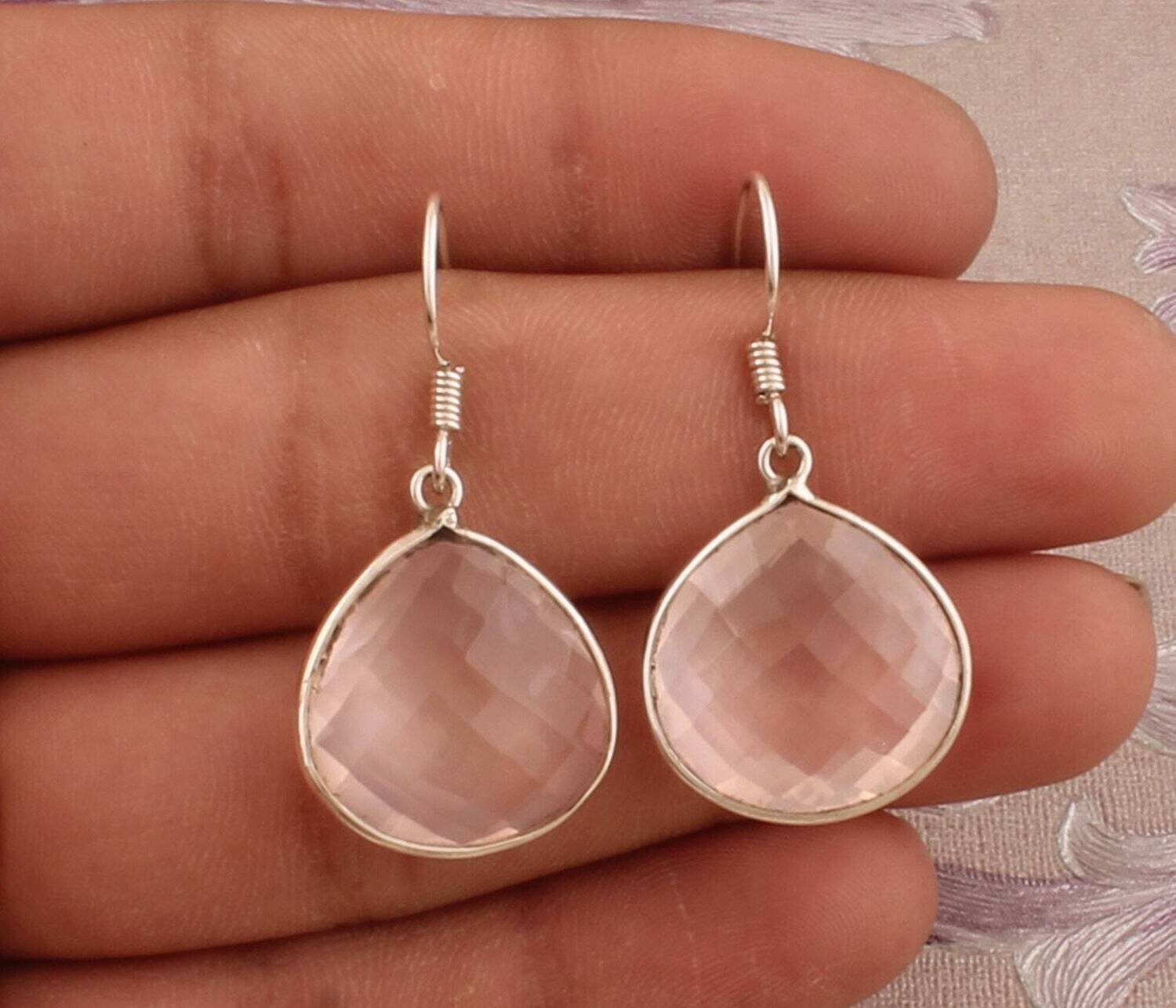 925 Sterling Silver Natural Rose Quartz Silver Earrings, Designer Handmade Bezel Set Heart Silver Earrings, Valentine's Day