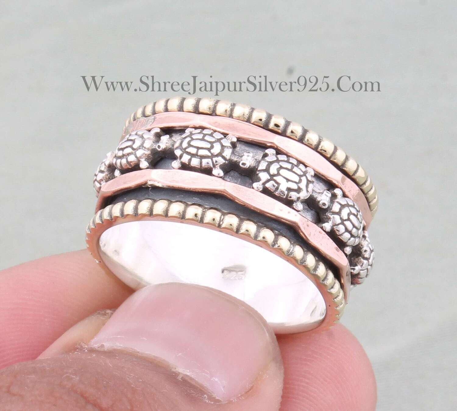 Turtle Solid 925 Sterling Silver Designer Spinner Ring For Women, Handmade Three Tone Meditation Ring For Her, Anxiety Bridesmaid Ring Gift