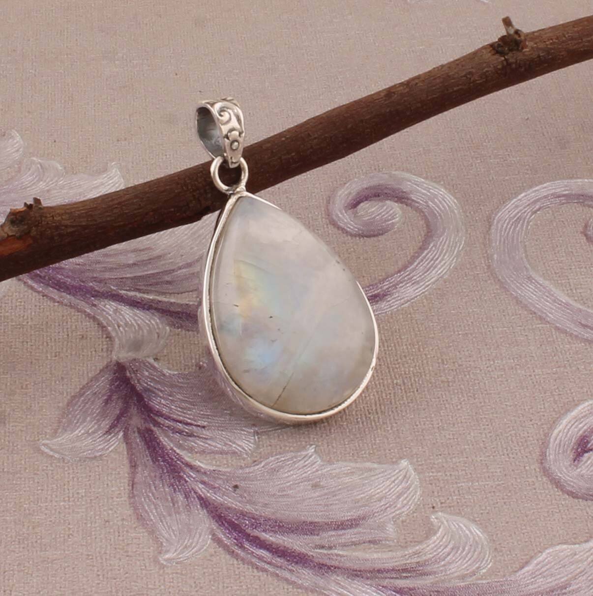 Rainbow Moonstone 925 Sterling Silver Pendant  White Pear Handmade Gemstone Silver Jewelry Anniversary Gift For Mom