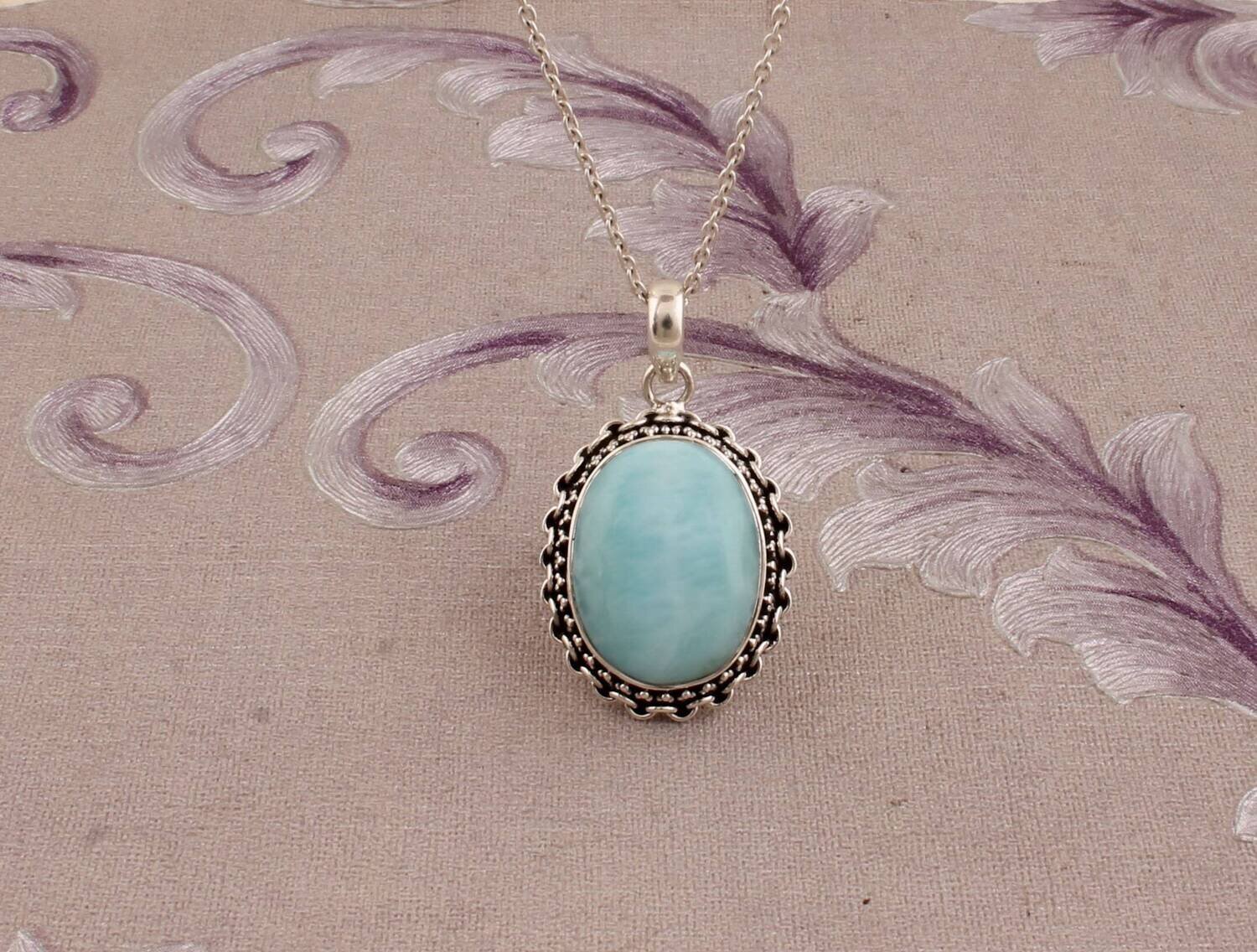 Top Quality Natural Larimar Gemstone Necklace-Oval Cabochon Necklace-March Birth Stone Necklace 925-Sterling Silver Pendant Gift For Her !!!