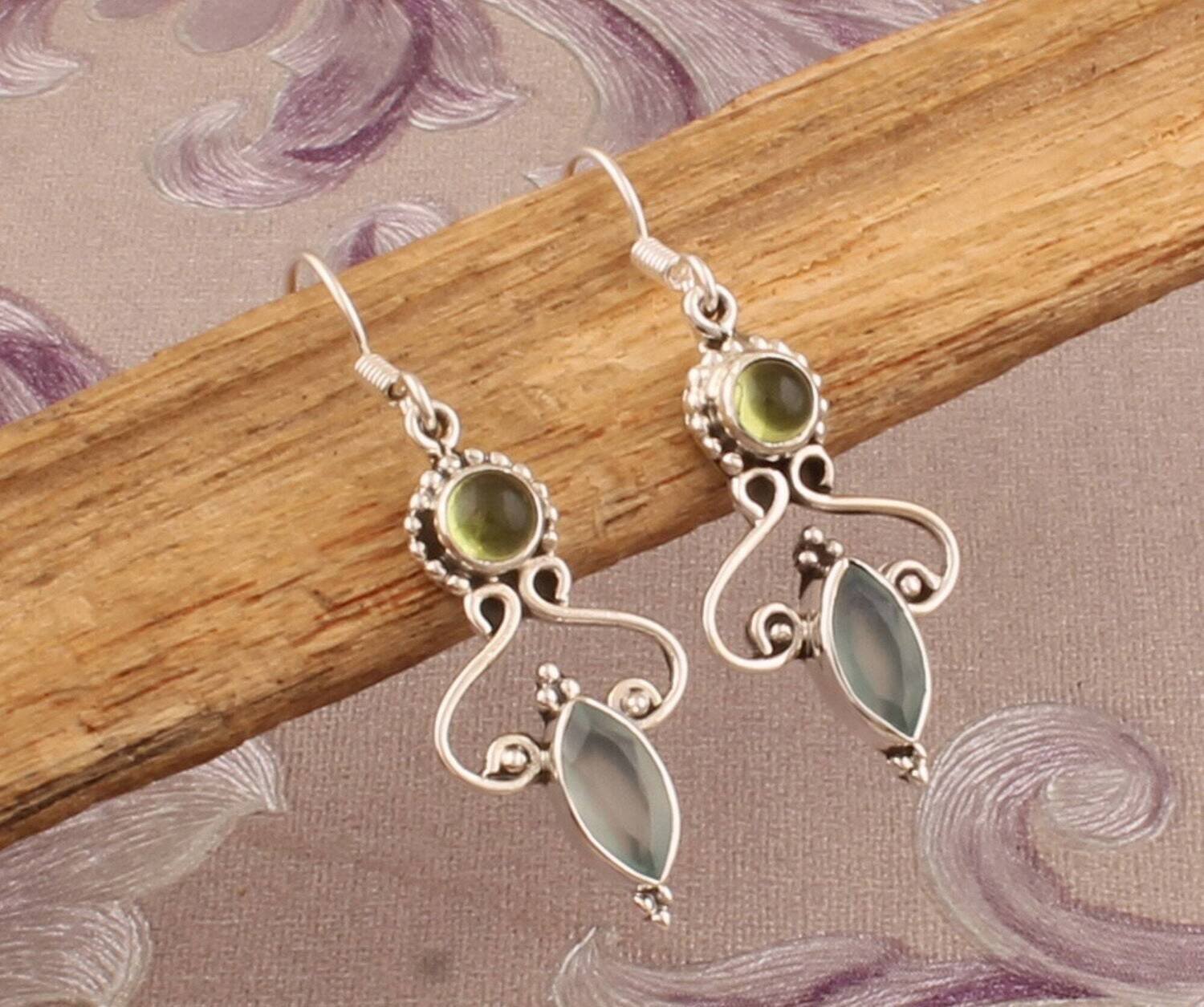 925 Sterling Silver Peridot &amp; Aqua Chalcedony Gemstone Earrings, Designer Handmade Bridal Jewelry Valentine's Day Gift Idea, Etsy Cyber 2021