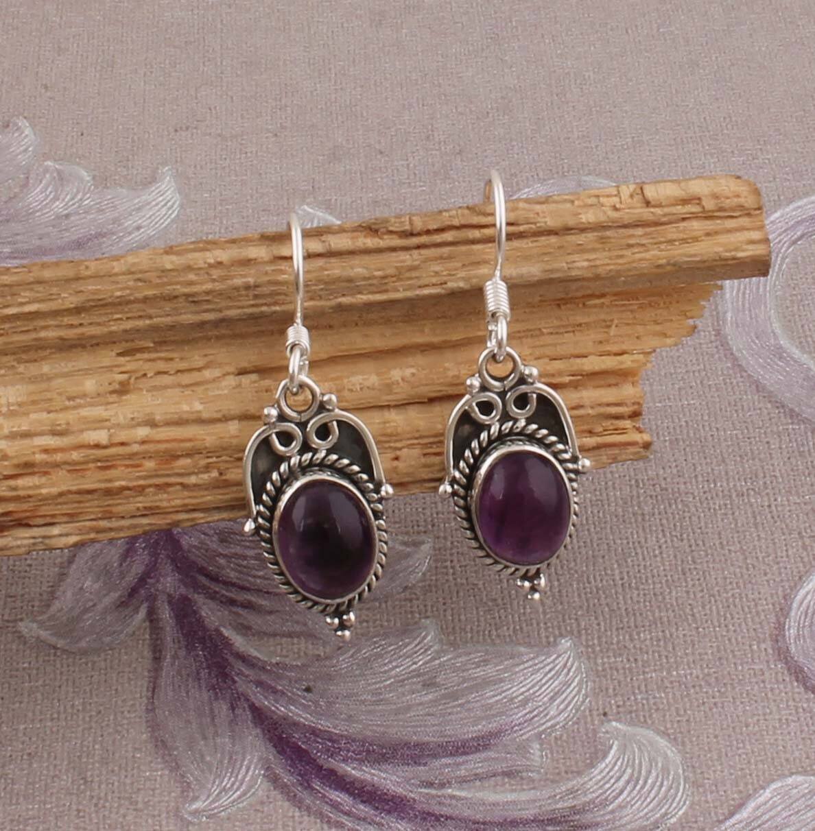 Natural Amethyst AAA+Quality Gemstone Earring,Oval Cabochon Stone Earring 925-Sterling Silver Earring,Antique Silver Earring Gift For Her