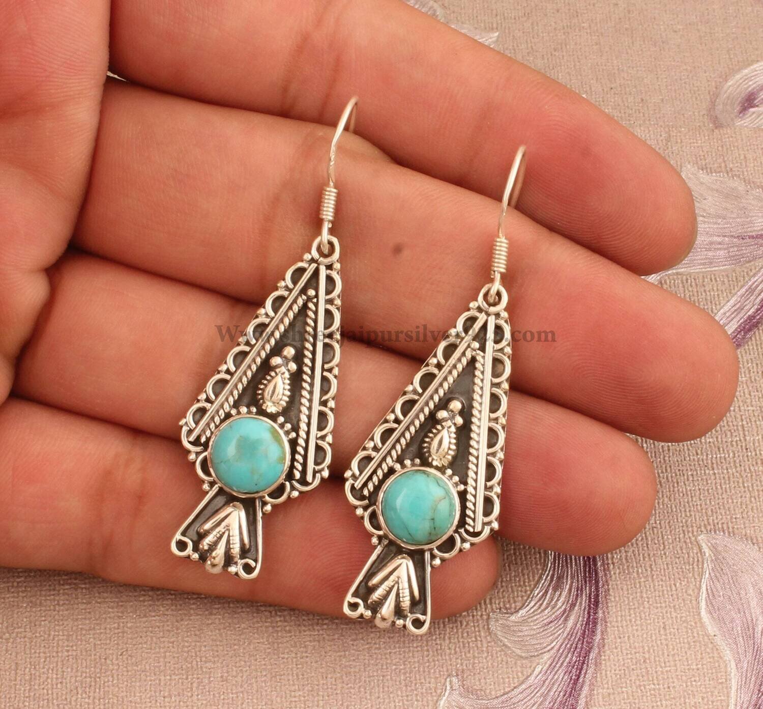Tibetan Turquoise Solid 925 Sterling Silver Earrings For Women Handmade Round Stone Indian Design Earrings For Wedding Anniversary Gift Idea
