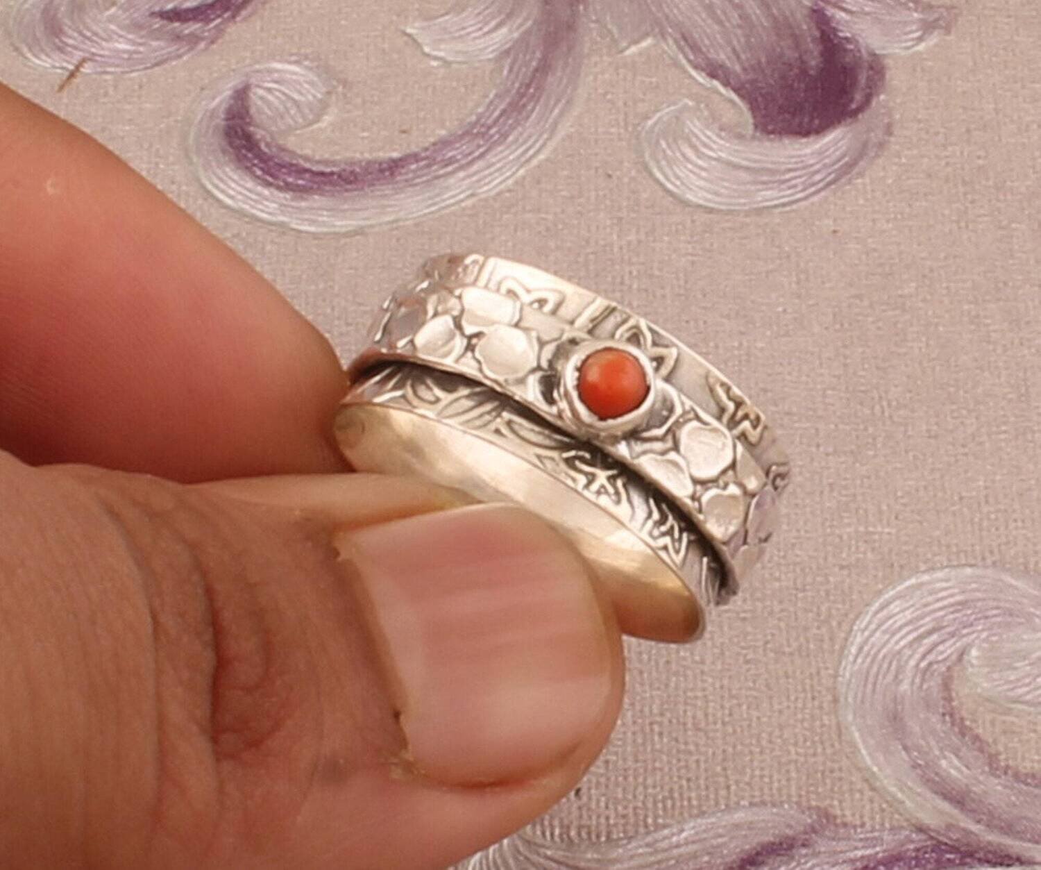 925 Sterling Silver Coral Red Spinner Ring, Handmade Carved Silver Meditation Ring, Boho Worry Rings, Valentine's Day Gift