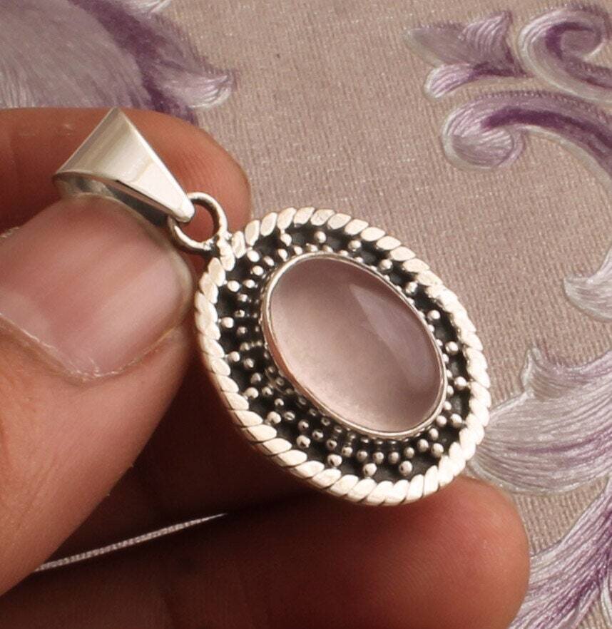 Rose Quartz Silver Pendant, 925 Sterling Silver Oval Shape Gemstone Pendant, Designer Silver Pendant, Handcrafted Pendant, Christmas Gift