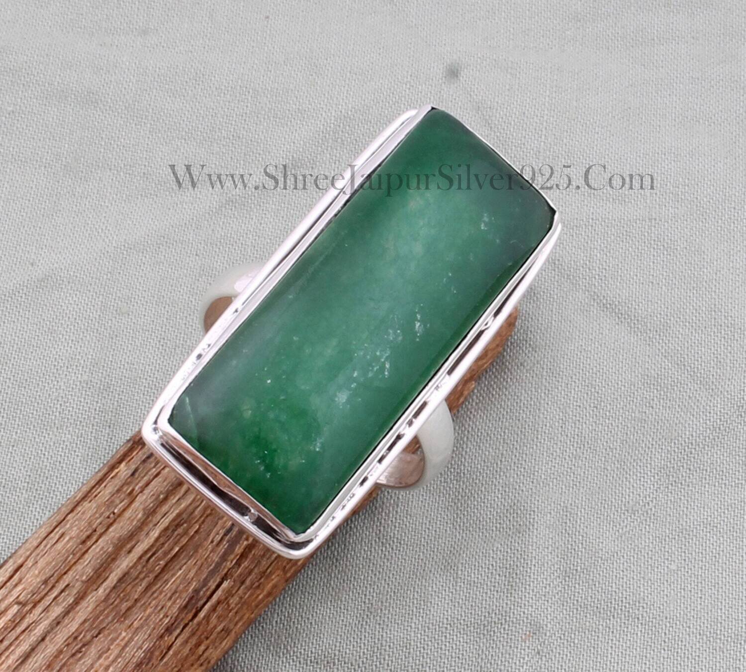 Green Jade Solid 925 Sterling Silver Ring For Women, Handmade Rectangle Bar Stone Band Ring For Wedding Anniversary Gift For WomenBirthstone