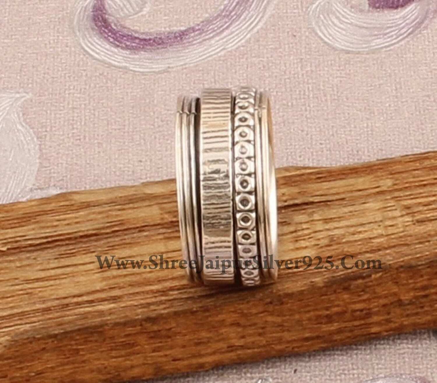 925 Sterling Silver Designer Textured Spinner Rings, Handmade Silver Meditation Rings, Boho Worry Rings, Valentine's Day Gift idea Jewelry