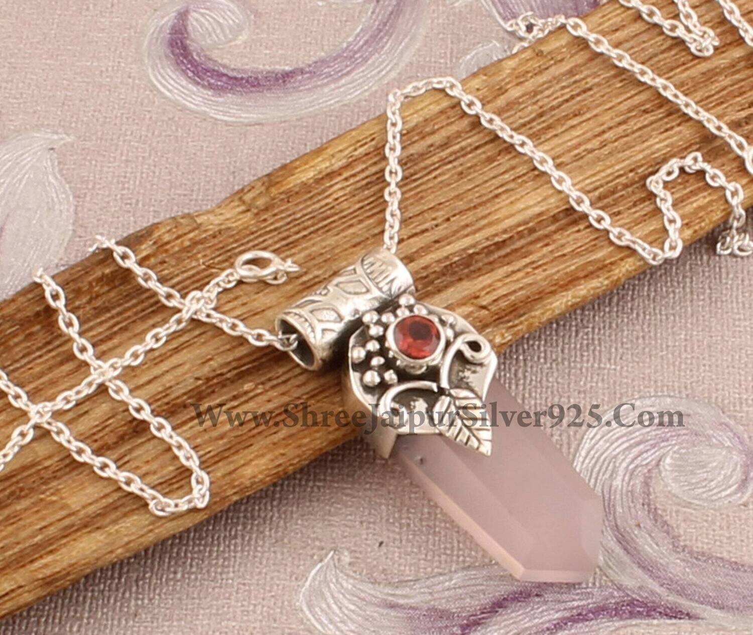Rose Quartz &amp; Red Garnet Silver Pendant Necklace, Handmade 925 Sterling Silver Carved Leaf Pendant Necklace, Valentine's Day Gift Jewelry