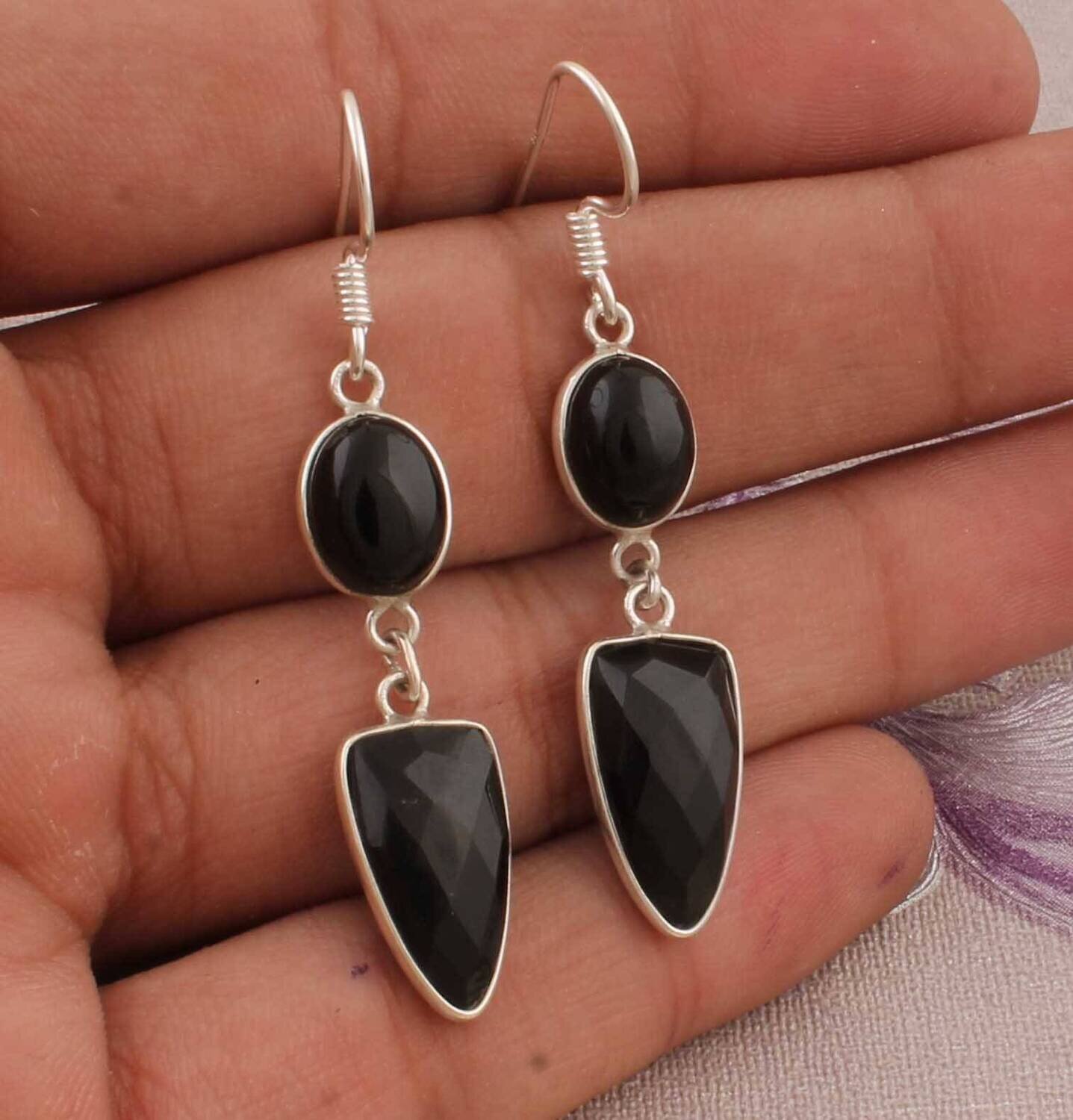 Natural Black Onyx Top Quality Gemstone Earring 925-Sterling Silver Earring Big Size Two Stone Earring Gift For Her Earring Wedding Earring