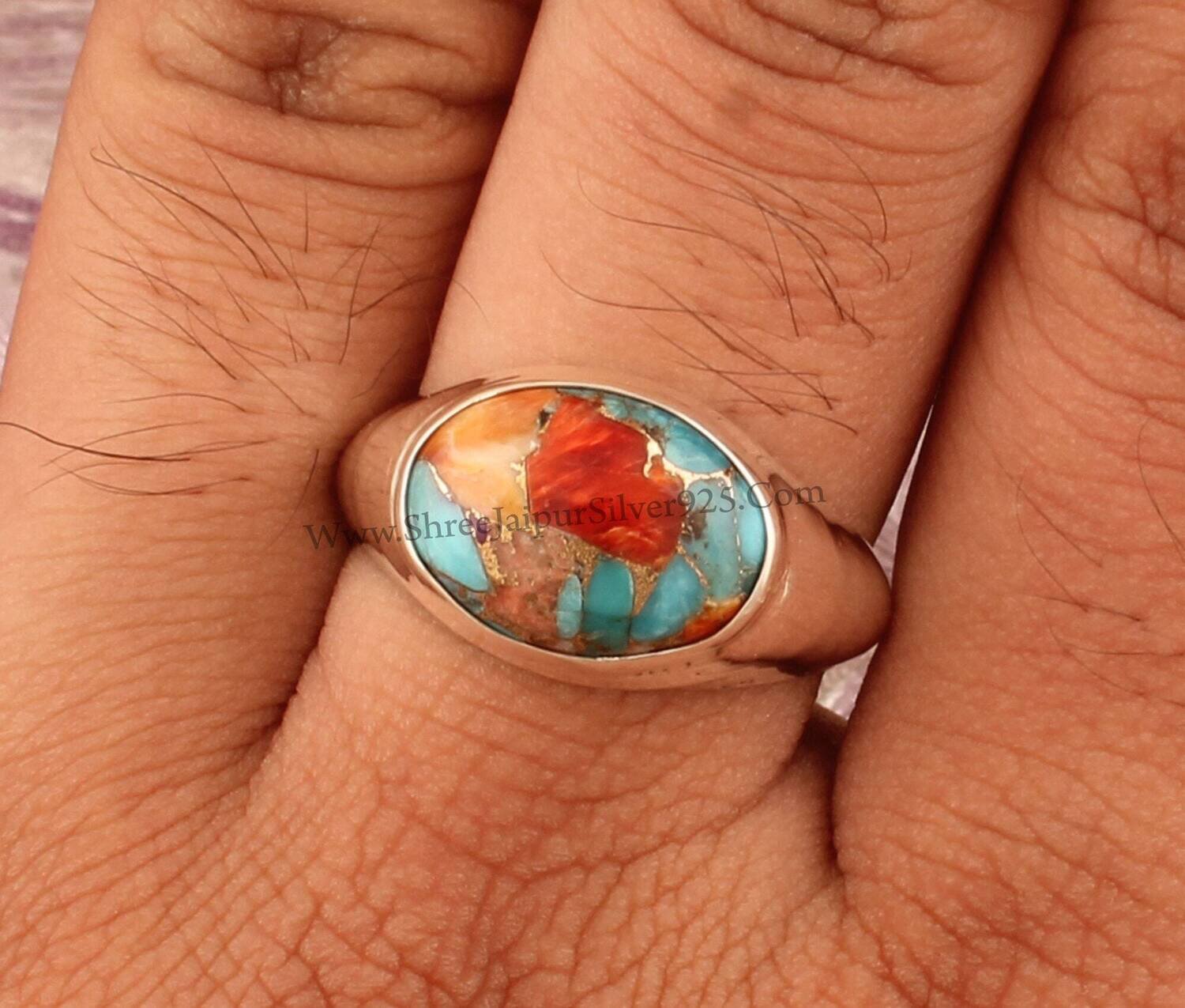 Oyster Copper Turquoise Solid 925 Sterling Silver Ring For Women, Handmade Mix Oyster Oval Stone Ring For Wedding Anniversary Gift For Her
