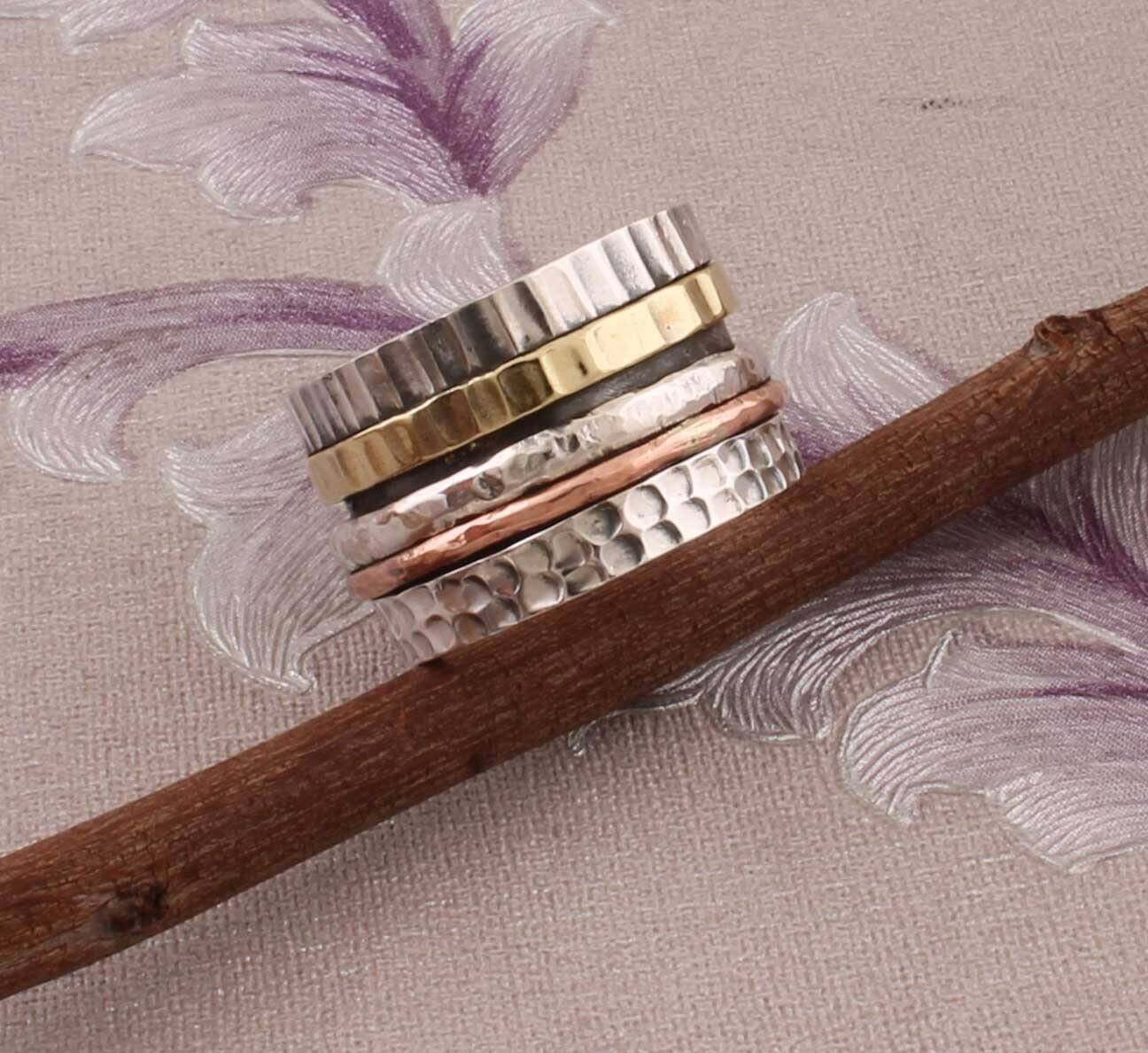 Thumb Ring 925-Sterling Silver Ring,Antique Silver Ring,Spinner Ring Three Tone Ring,Meditation Ring,Brass+Copper+Silver Ring Gift For Him