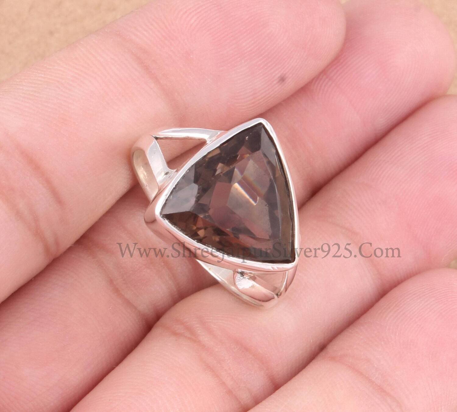 Smoky Topaz Solid 925 Sterling Silver Ring For Women, Handmade Faceted Triangle Gemstone Solid Silver Ring For Her Wedding JewelryBirthstone